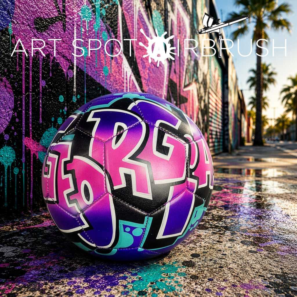 A colorful graffiti-style soccer ball with the word "FOR" on it, placed on a wet surface with a vibrant mural in the background.