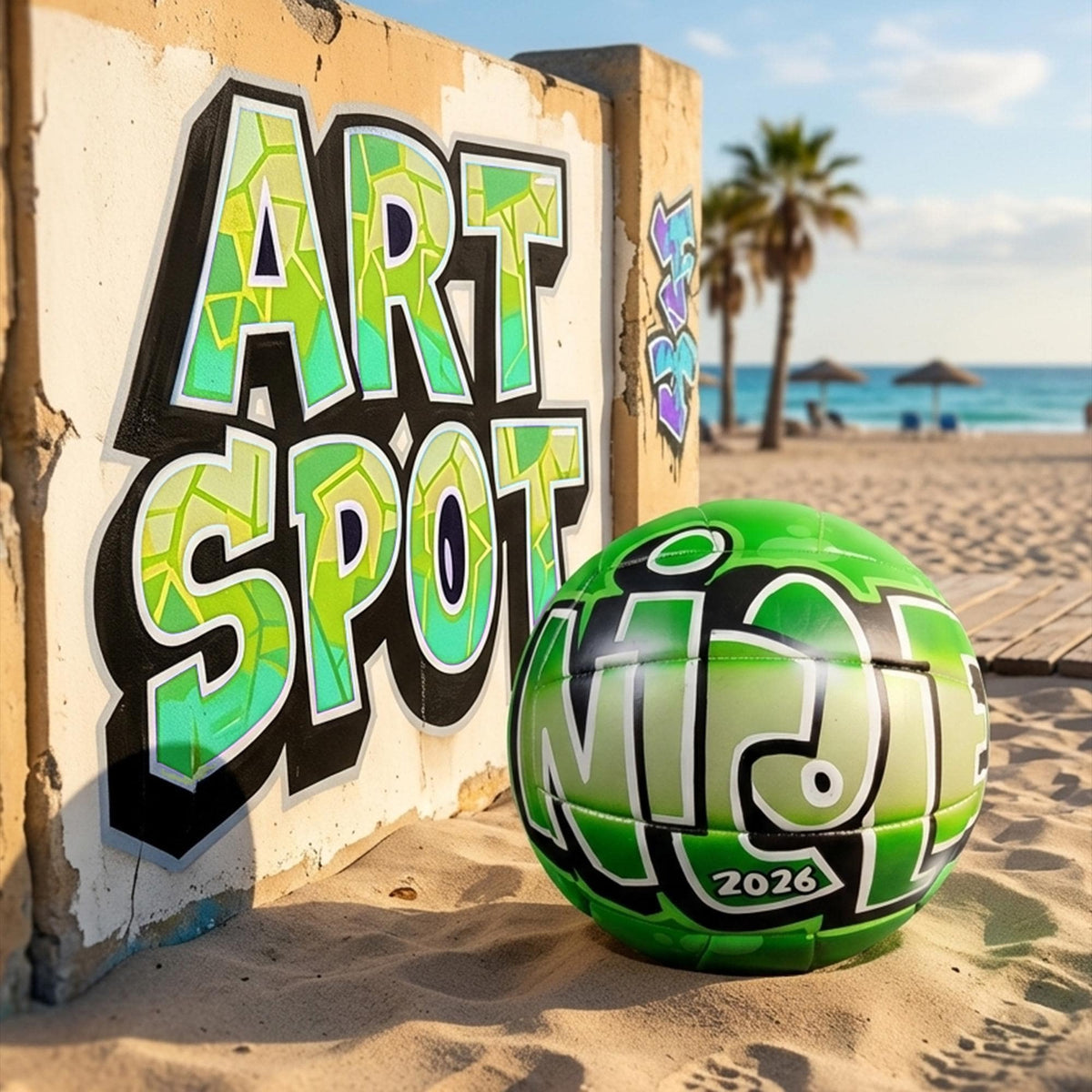 a green soccer ball with the word "Nicole" painted on it, placed on a sandy beach with palm trees and a clear blue sky in the background and a sign saying Art Spot