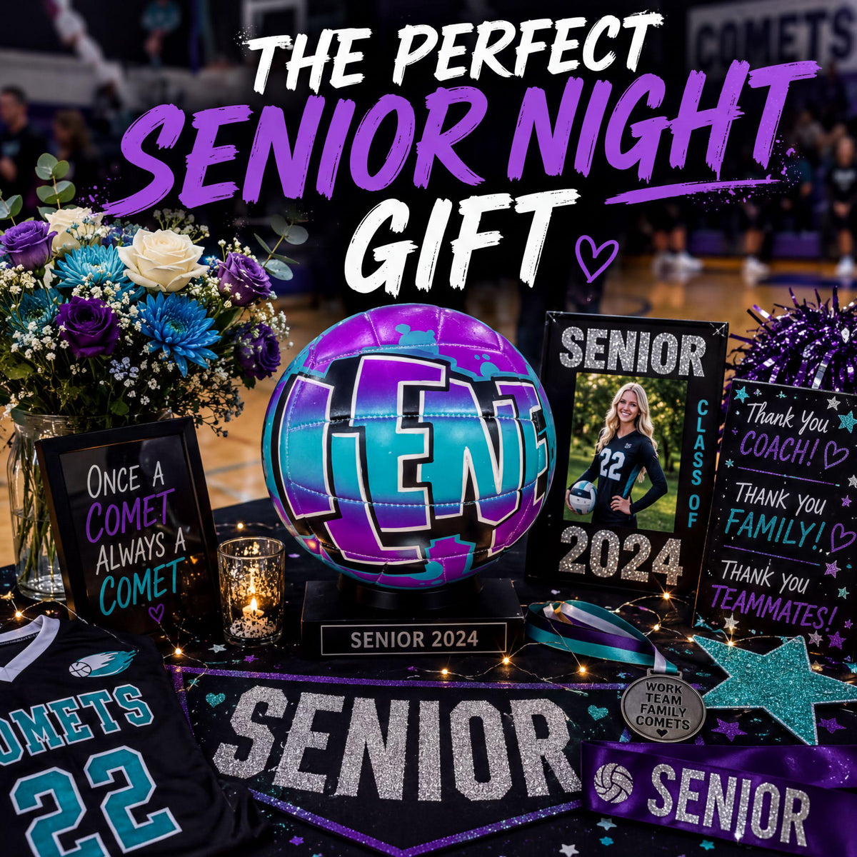 The image is a collage of various items related to a senior night gift, including a custom volleyball, a sign, a bouquet of flowers, and a trophy. The text "THE PERFECT SENIOR NIGHT GIFT" is prominently displayed, along with the text "SENIOR 2024" indicating the year of the event.