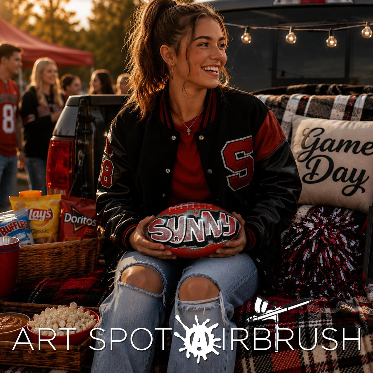 A smiling woman in a black and red jacket holding a custom football personalized with the name Sunny, sits on a tailgate of a truck in front of a crowd at an outdoor event, with a "Game Day" pillow and snacks nearby.