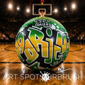 A basketball with graffiti on it, placed on a basketball court with a blurred audience in the background.