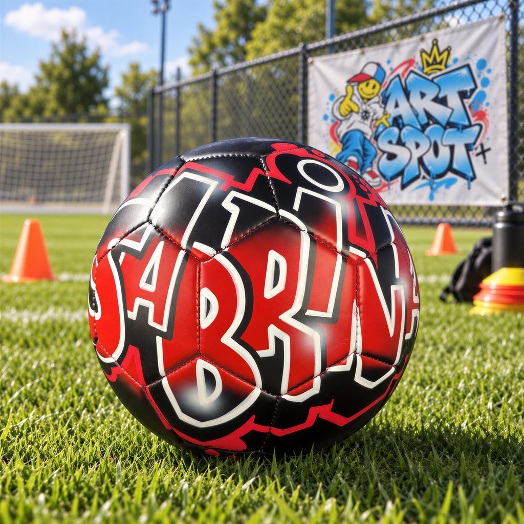 A soccer ball with the word "BRIN" painted on it, sitting on a grassy field with orange cones and a banner for "Art Spot" in the background.