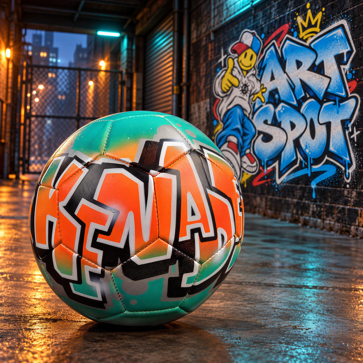 A colorful graffiti-style soccer ball with the word "ART SPOT" written on it, placed on a wet surface in front of a graffiti-covered wall.