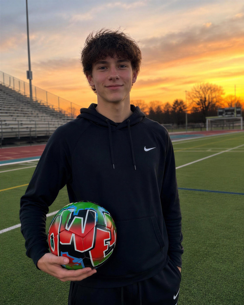 A young man stands on a soccer field, holding a soccer ball with colorful designs.
