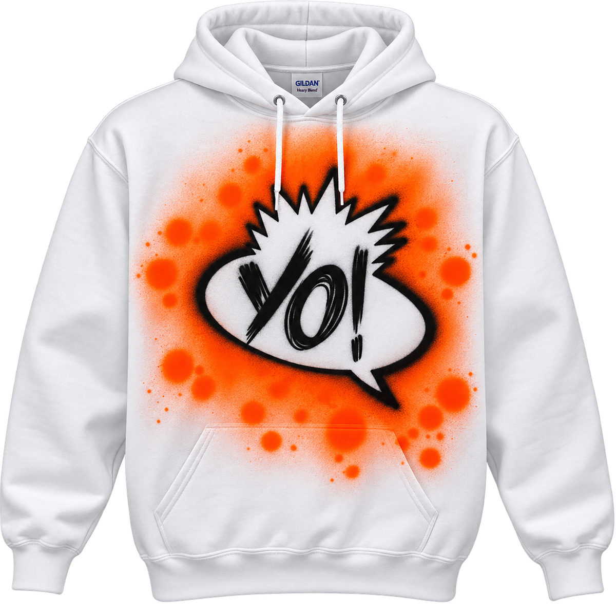 A white hoodie with a graphic design featuring a speech bubble with the word "Yo!" written inside it, surrounded by orange splatter-like shapes.