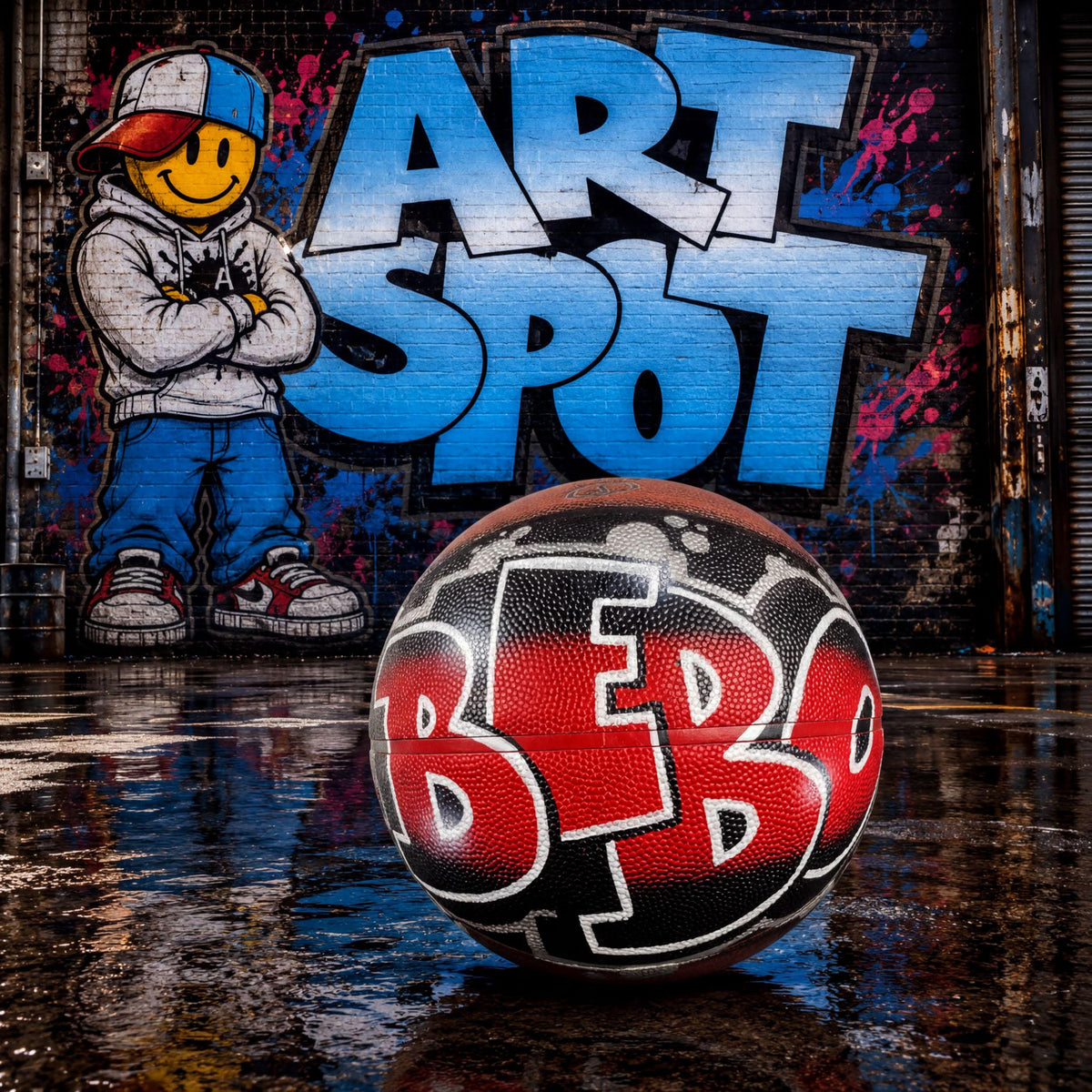 a basketball with the word "BED" written on it, placed in front of a graffiti-covered wall with the word "ART" written on it.