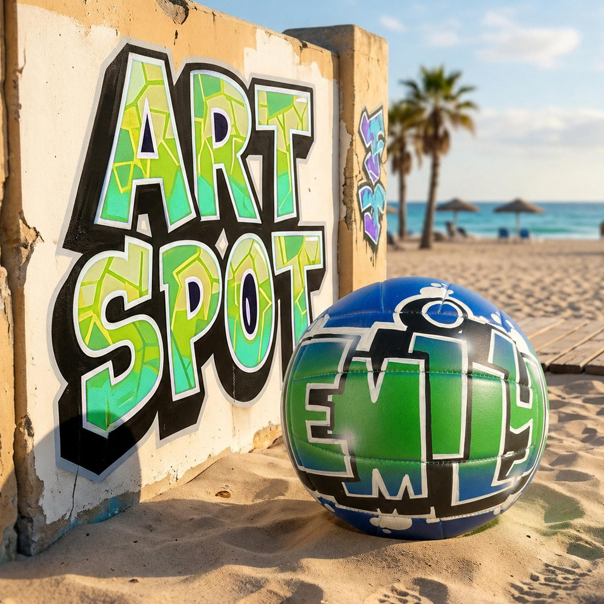 a beach scene with a large graffiti-style sign that says "ART SPOT" in bold, colorful letters, and a custom volleyball personalized with the name "EMILY" painted on it, sitting on the sand.