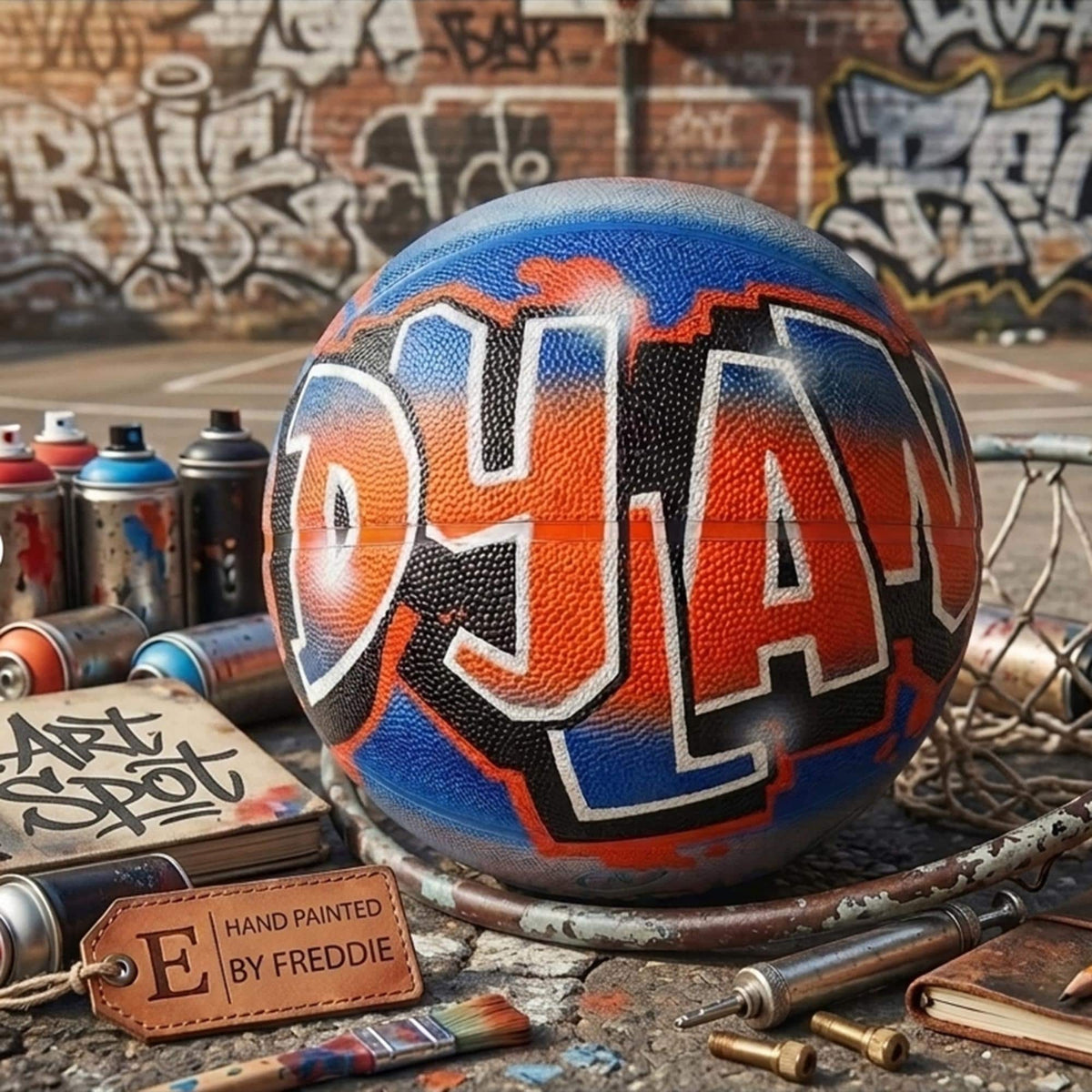 A hand-painted basketball with the name "Dylan" in graffiti-style lettering, surrounded by various graffiti art supplies and a notebook on the ground.