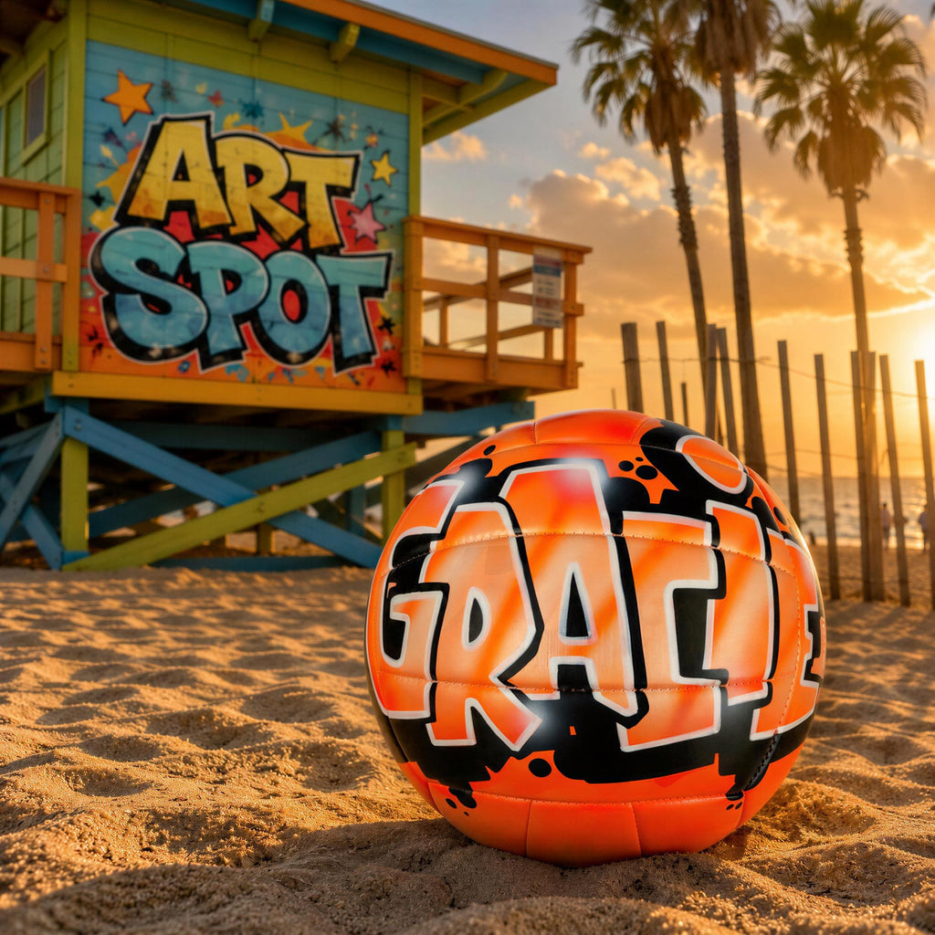 An orange and black volleyball with the word "GRACE" written on it, sitting on a sandy beach with palm trees and a colorful lifeguard tower in the background.