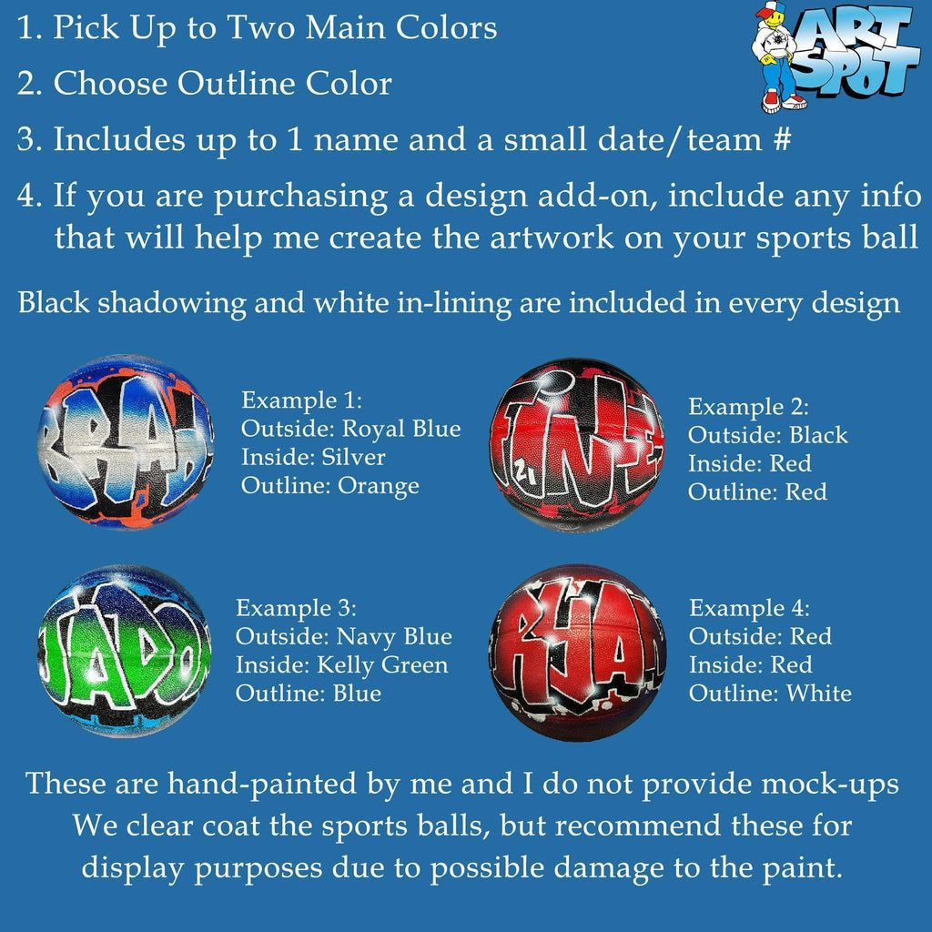 The image is a guide for creating sports balls with two main colors and an outline color. It provides instructions on how to choose the outline color and includes a list of examples for different color schemes. The guide also mentions that the sports balls are hand-painted by the creator and not to be used for display purposes due to possible damage to the paint.