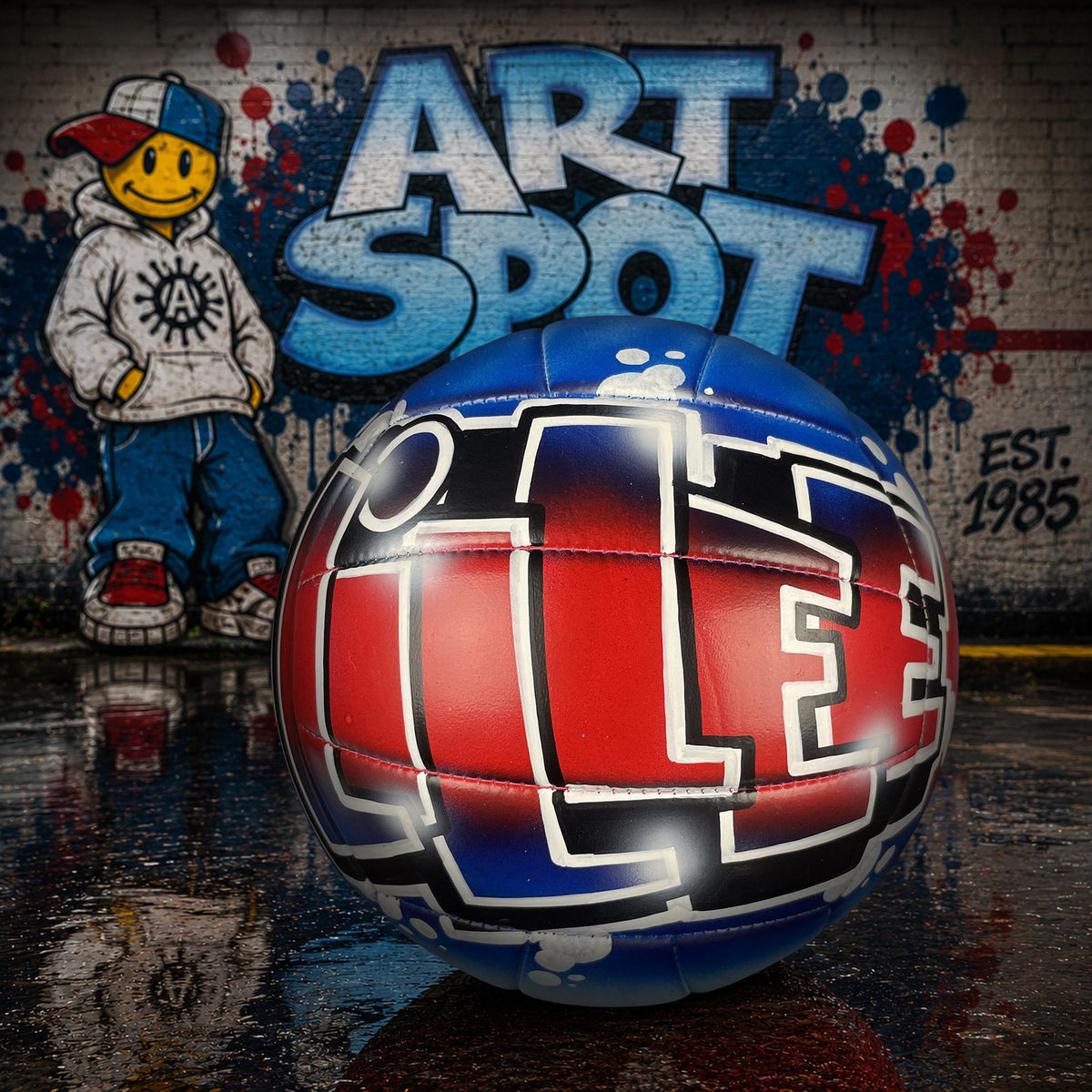 a custom volleyball personalized with a colorful design, placed in front an Art Spot Mural in graffiti on a wall.