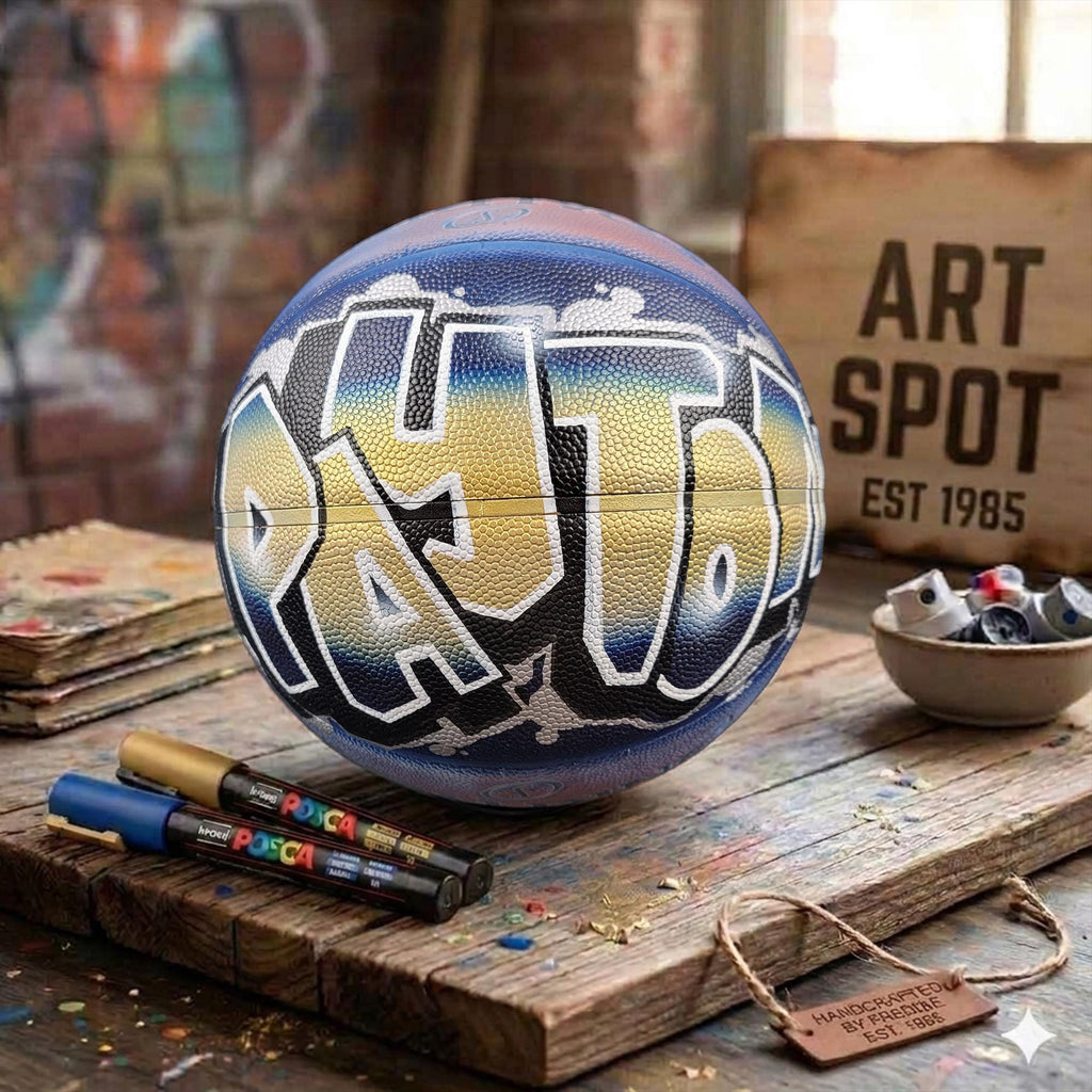 A basketball with the word "PATO" painted on it, along with some art supplies and a wooden board, all placed on a wooden surface.