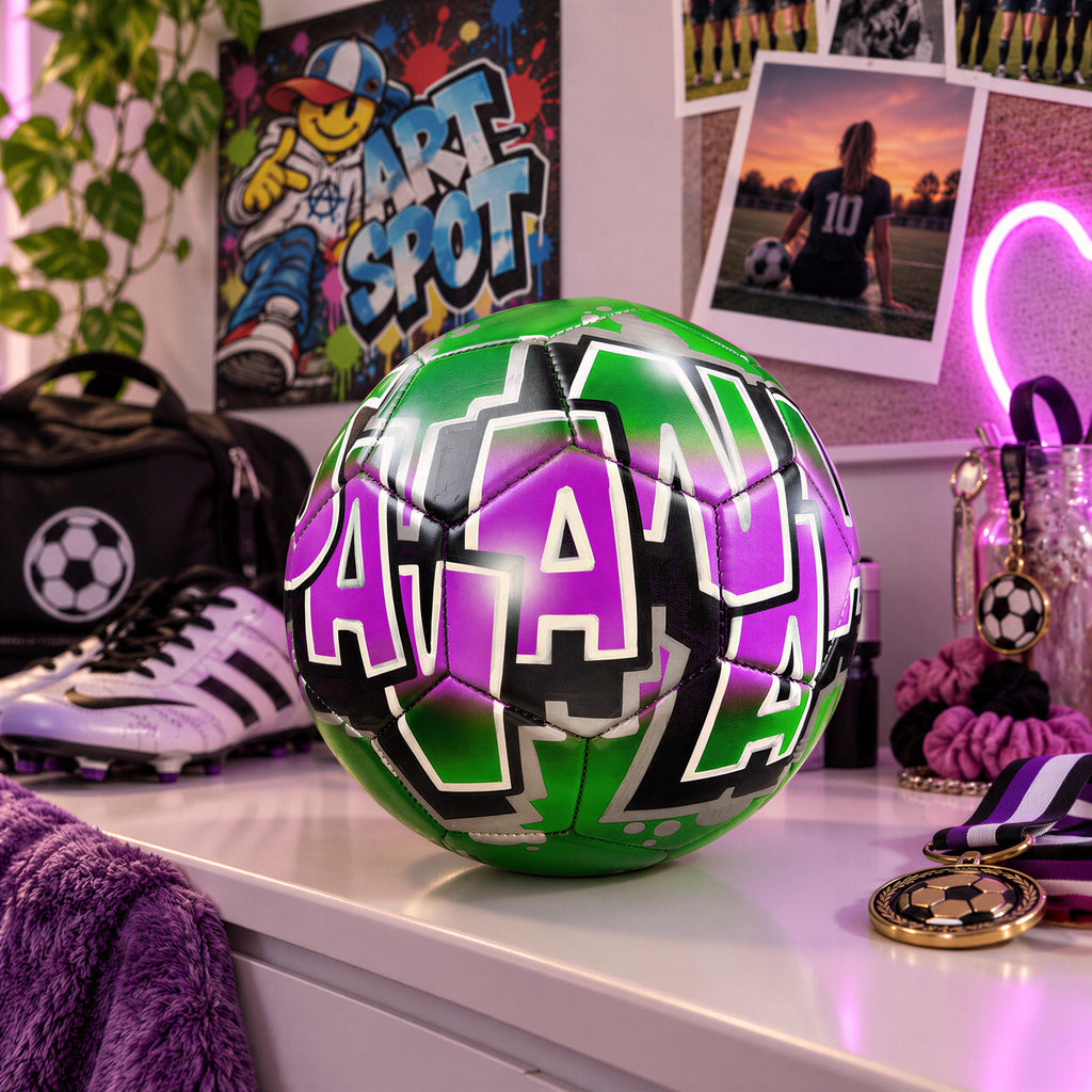 A personalized soccer ball with the name "AJAM" painted on it, surrounded by various sports-related items such as a pair of sneakers, a trophy, and a medal.
