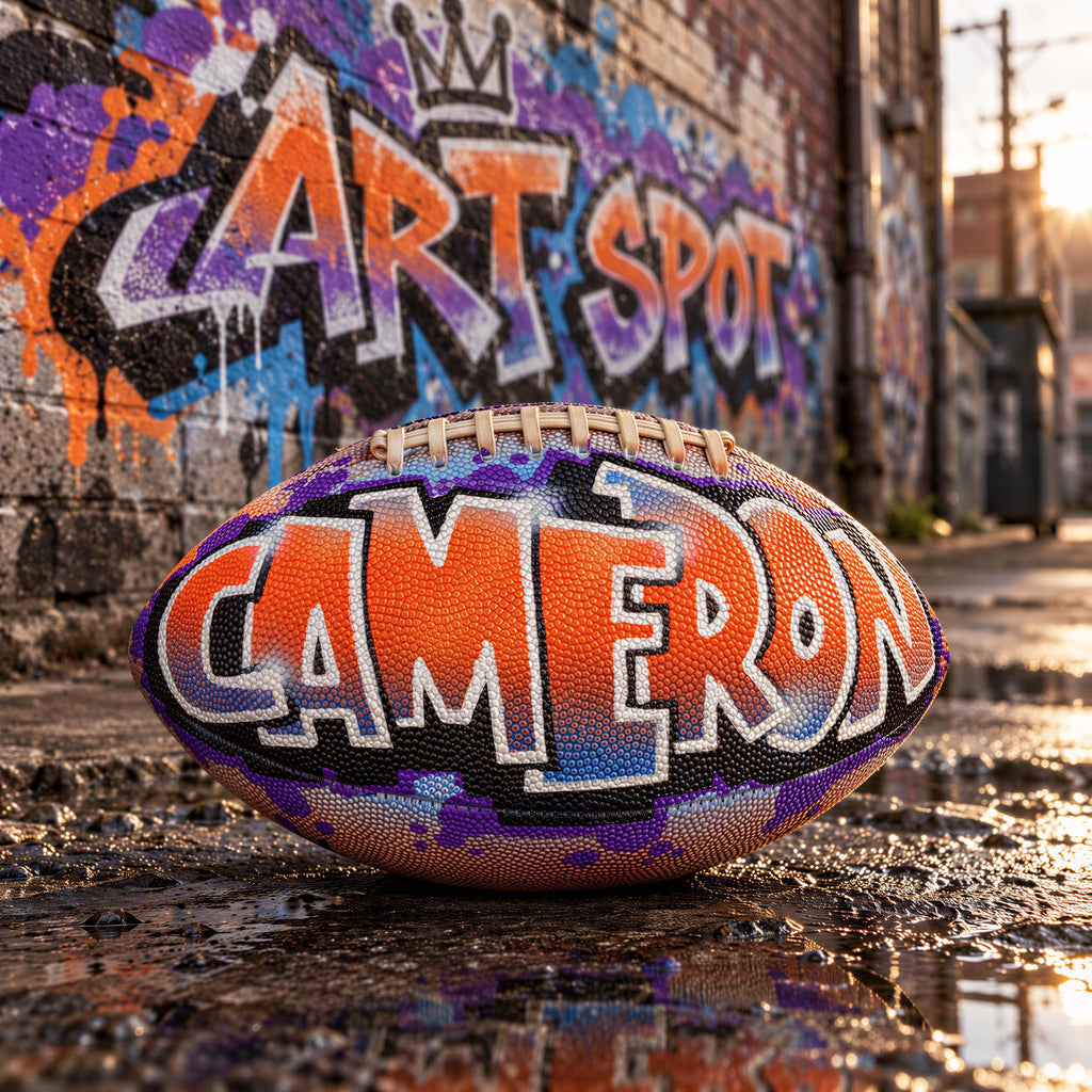 A colorful football with the name "CAMERON" written on it, placed on a wet surface with a graffiti-covered wall in the background.