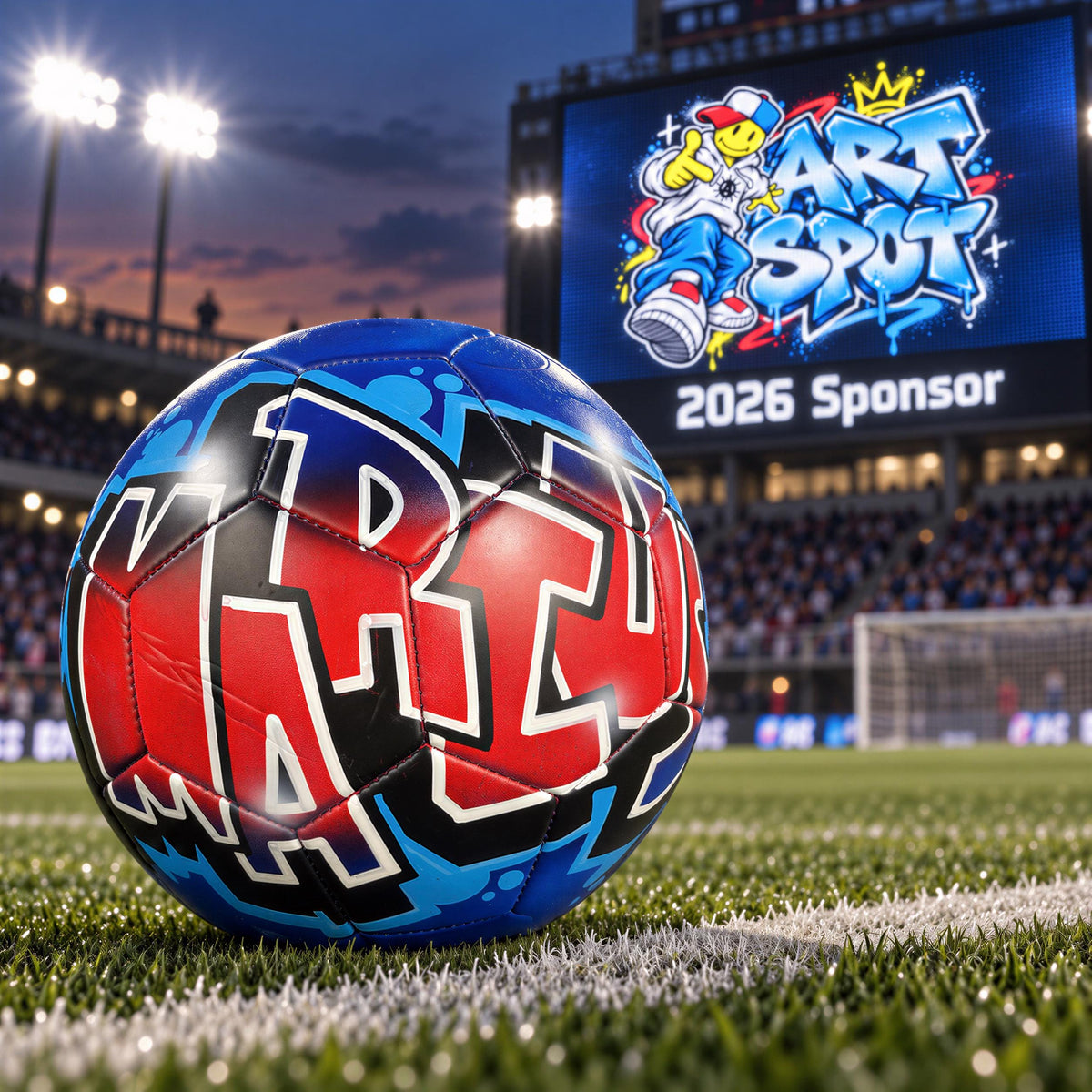 A soccer ball with the word "ART SPOT" written on it, placed on a soccer field with a large screen displaying a colorful graphic in the background.