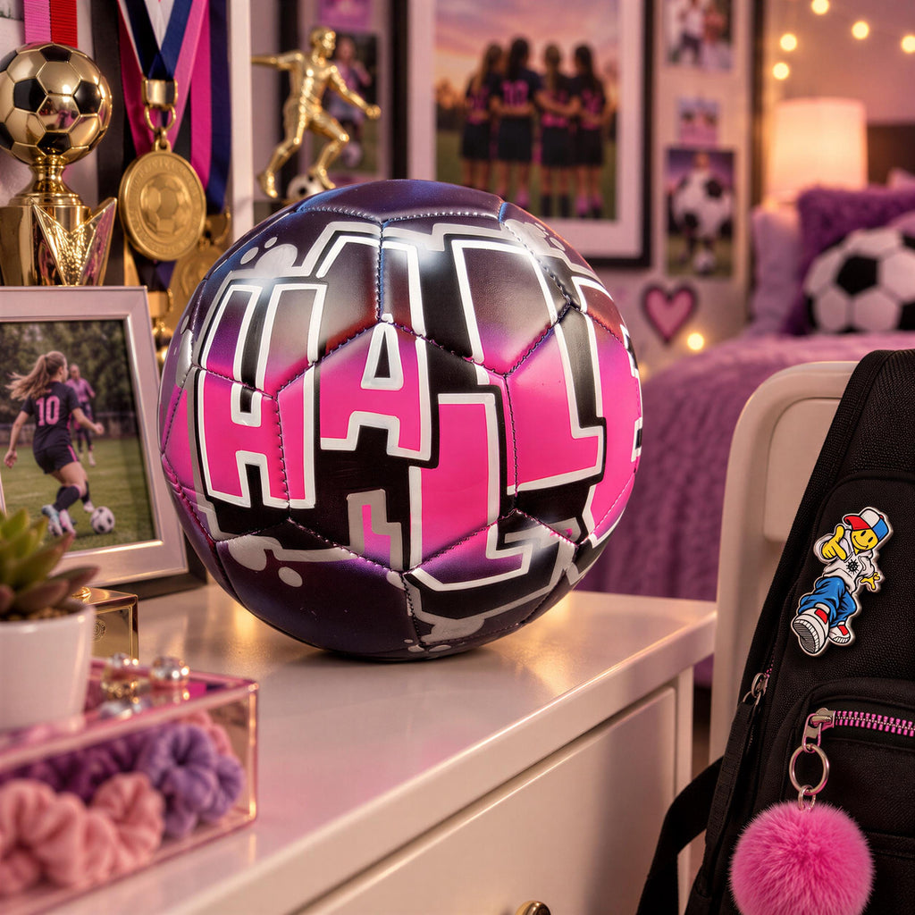 A bedroom with a soccer ball, trophies, and a framed photo of a girl playing soccer.