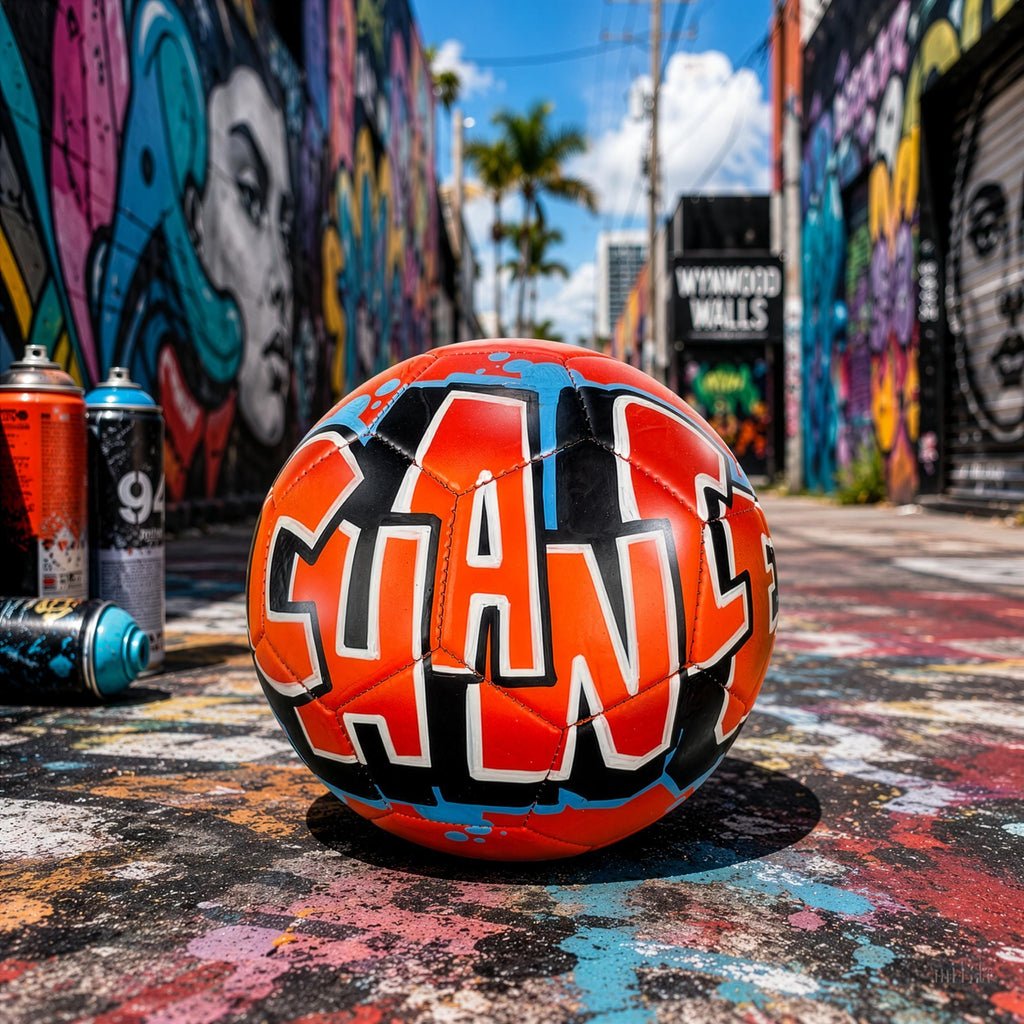 a vibrant and colorful graffiti-covered wall, with a soccer ball prominently displayed in the foreground.
