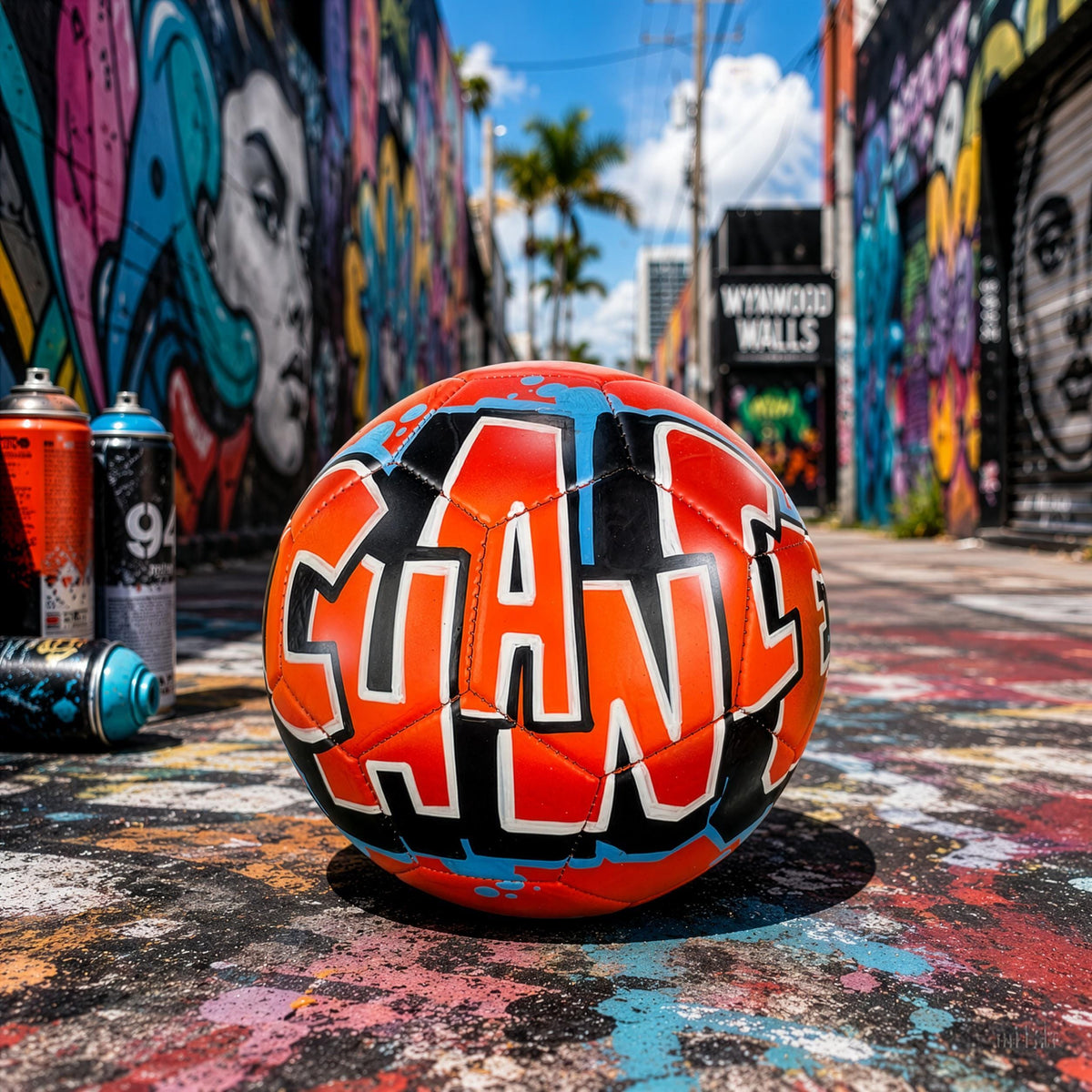 a vibrant and colorful graffiti-covered wall, with a soccer ball prominently displayed in the foreground.