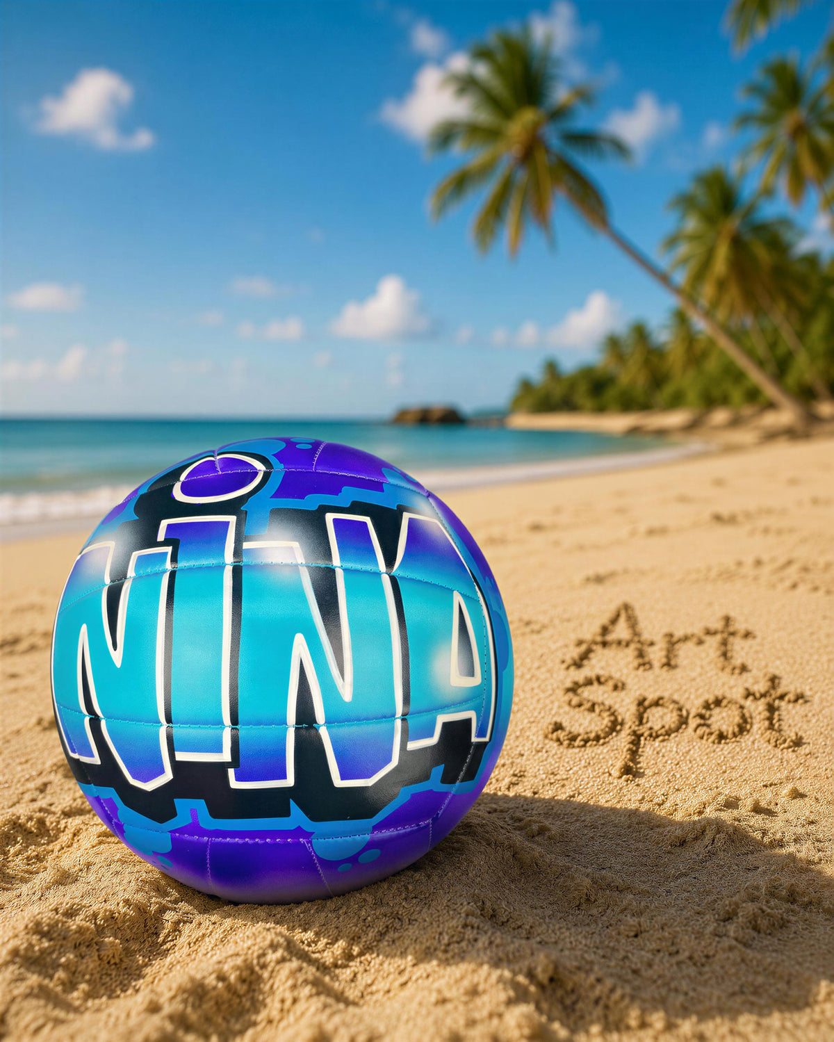 A blue and purple volleyball with the word "NINA" written on it, sitting on a sandy beach with palm trees and a clear blue sky in the background.