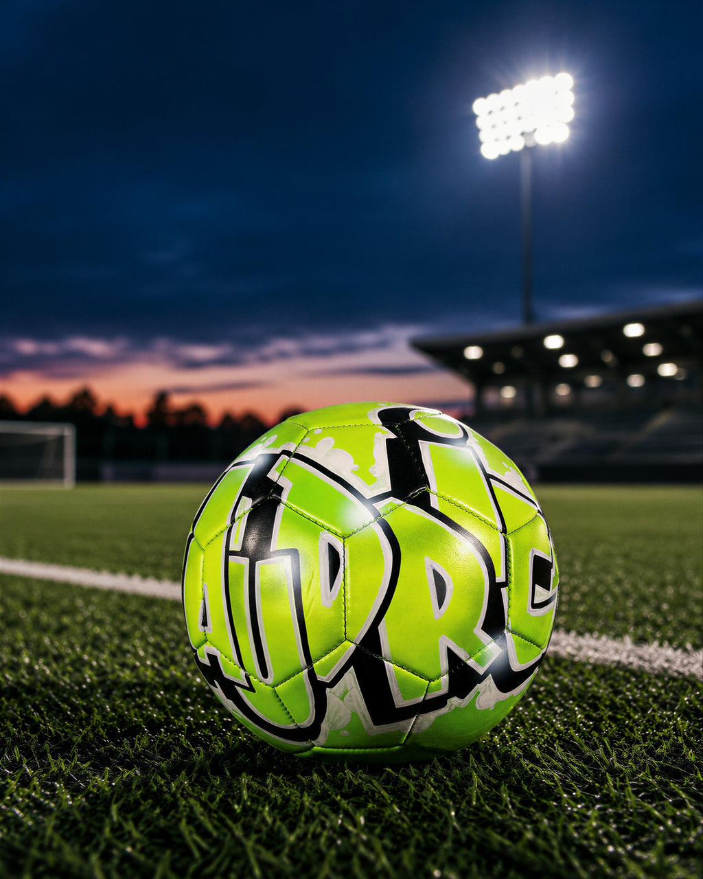 A neon green soccer ball with the word "R" on it, resting on a grassy soccer field at night with a stadium and floodlights in the background.