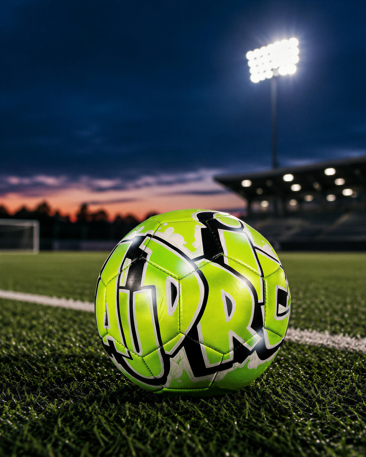 A neon green soccer ball with the word "R" on it, resting on a grassy soccer field at night with a stadium and floodlights in the background.