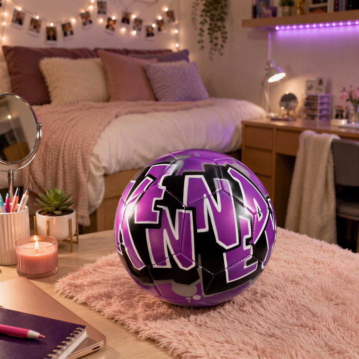 A purple soccer ball with the word "NICK" written on it, placed on a pink shag rug in a bedroom setting with a bed, desk, and other personal items.