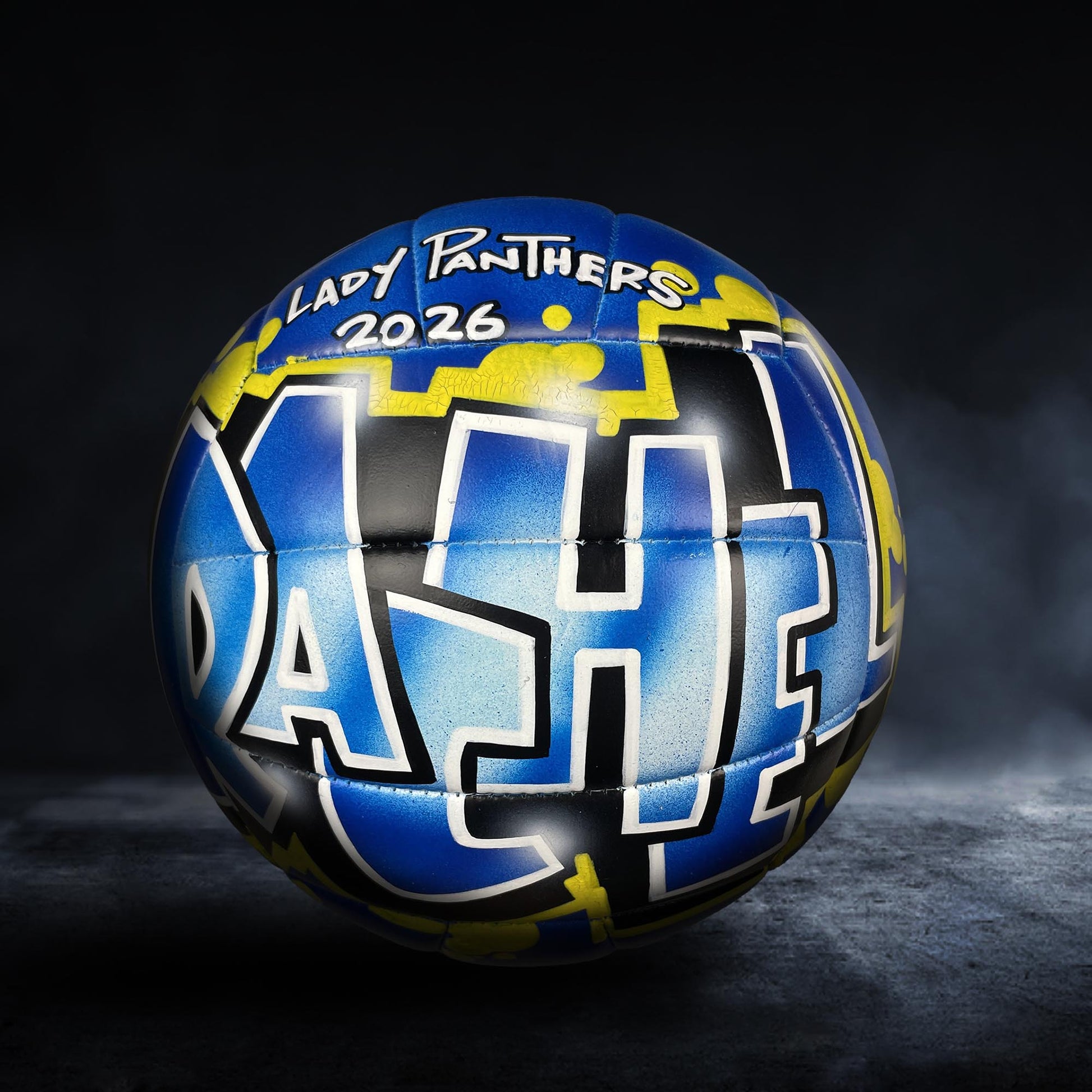 A blue and yellow sports ball with the text "LADY PANTHERS 2026" painted on it.