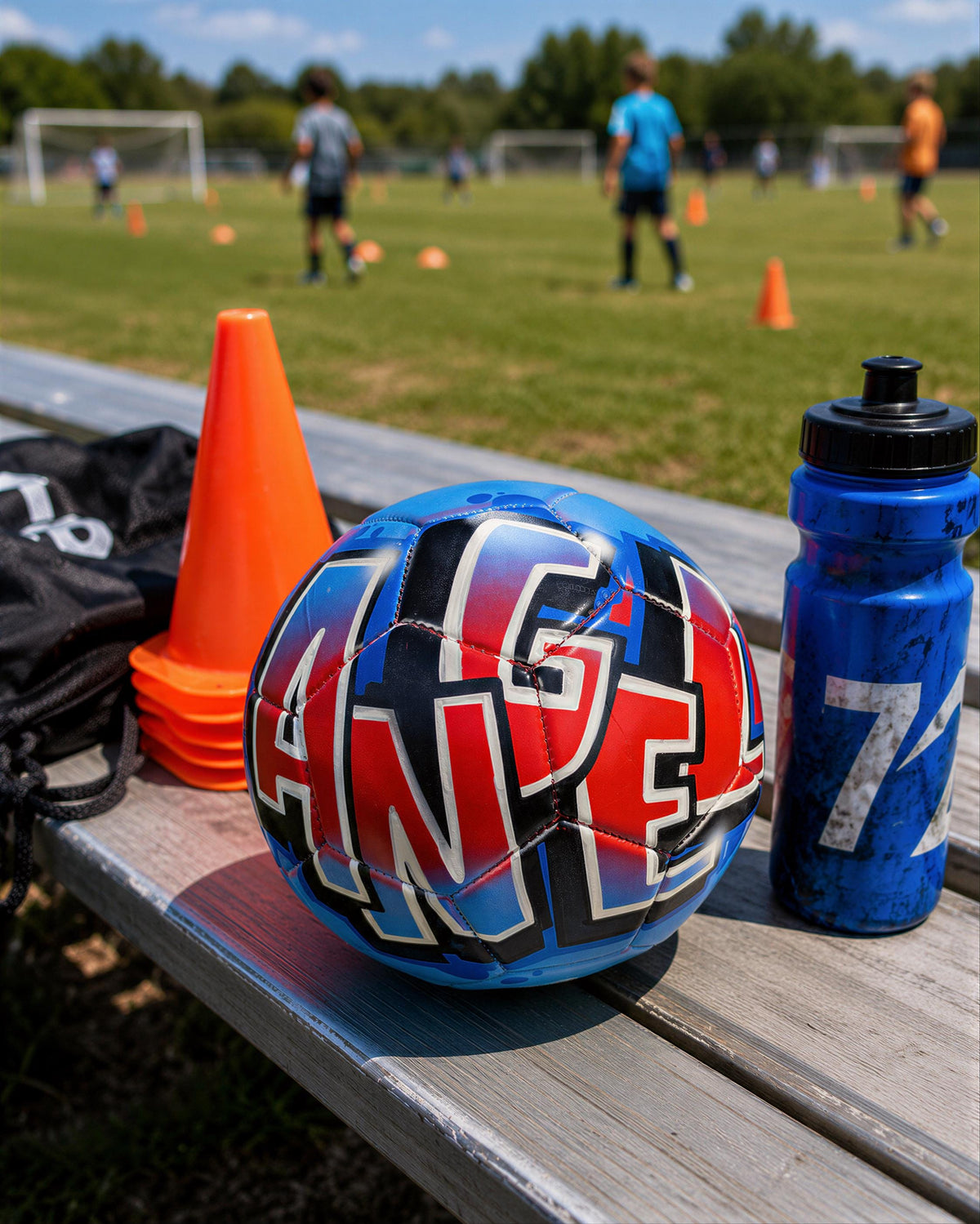 A soccer ball with the word "ANGEL" written on it, along with a blue water bottle and orange cones, are placed on a bench in a soccer field.