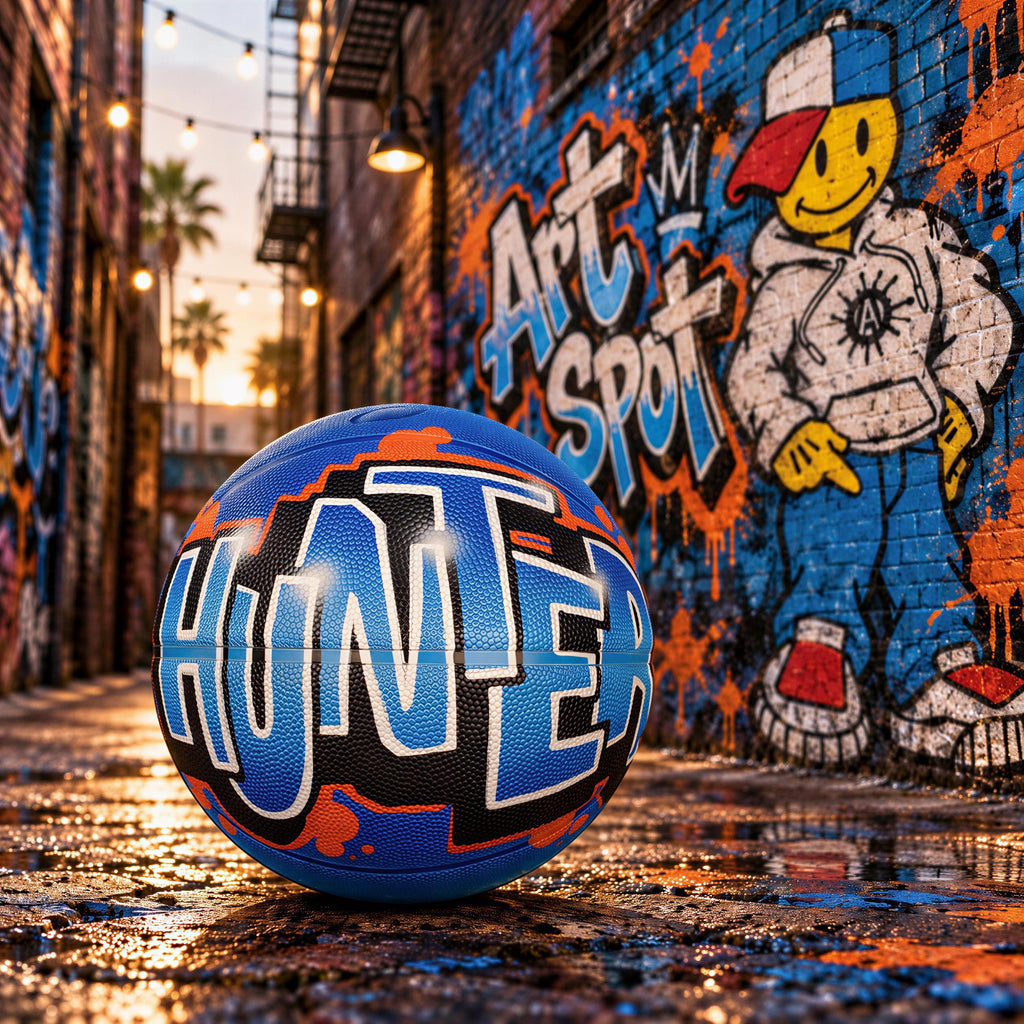 A blue basketball with the word "HUNTER" written on it, sitting on a wet surface in front of a colorful graffiti mural.