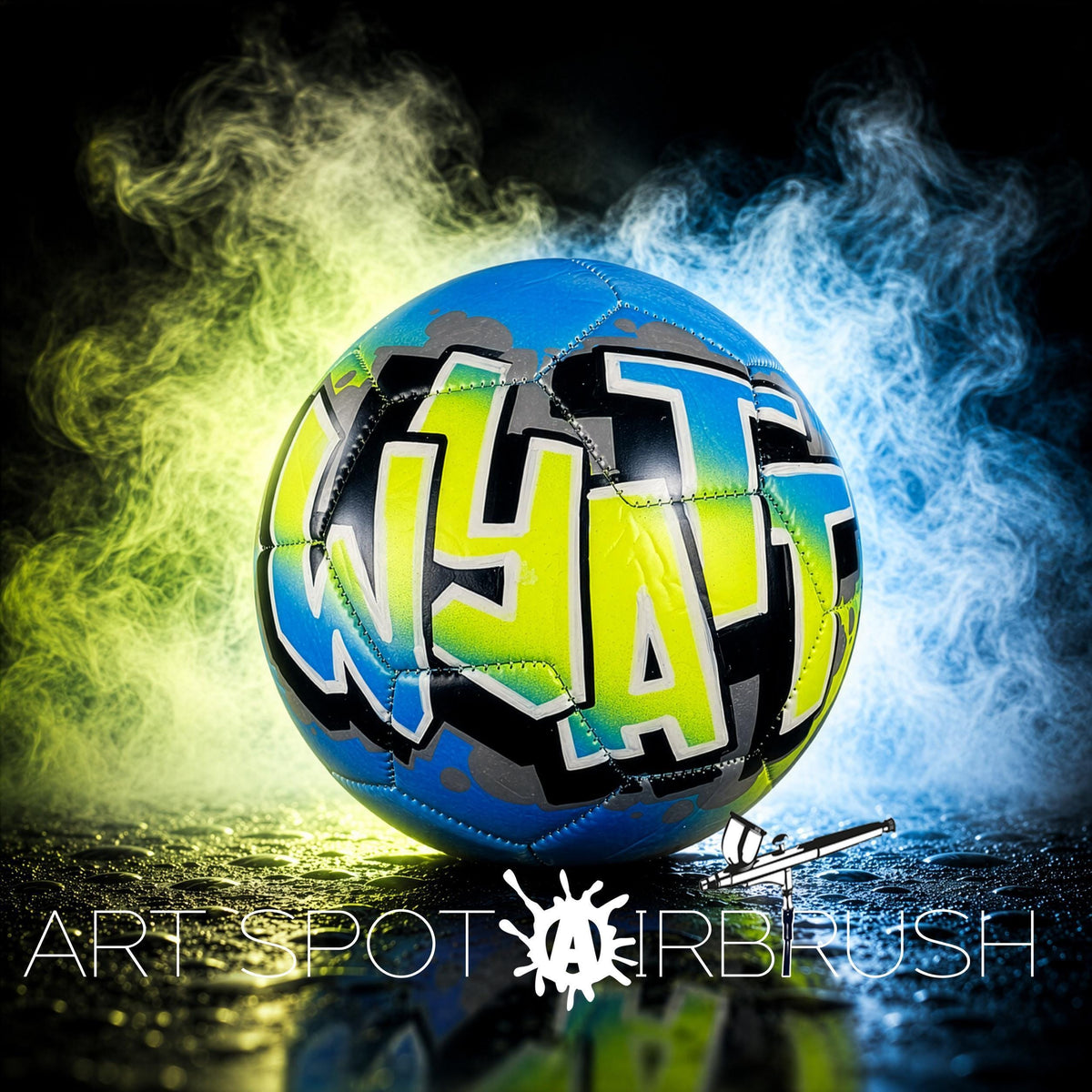 A colorful soccer ball with graffiti-style text on it, surrounded by smoke and a dark background.