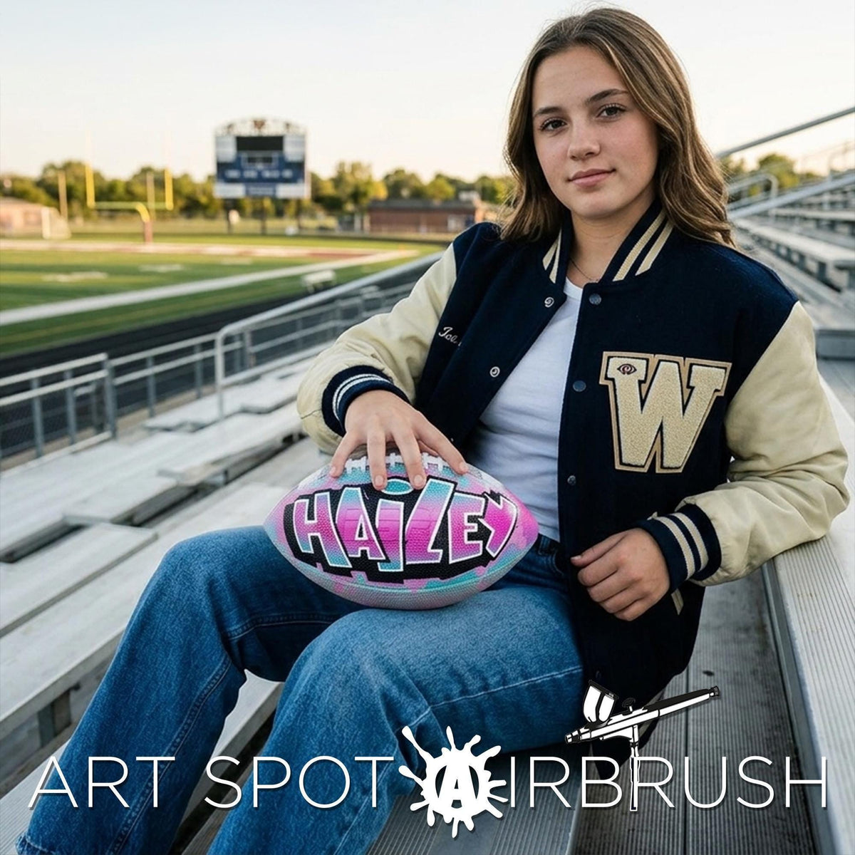 A young woman wearing a navy blue and gold jacket sits on bleachers, holding a colorful custom football personalized with the word "HAILEY" written on it.
