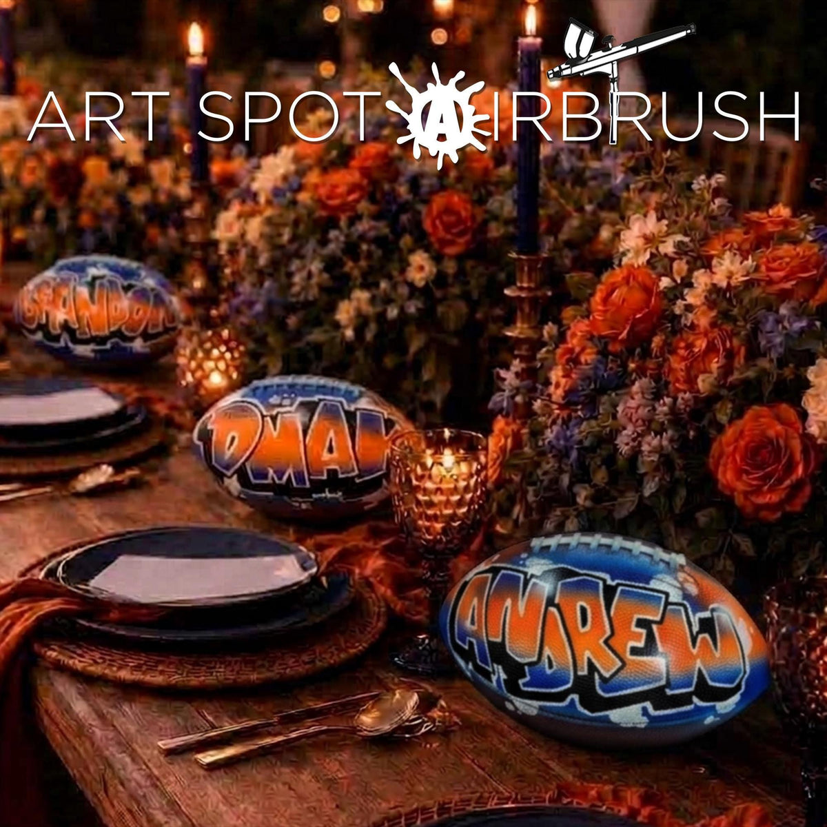 a table set with plates, silverware, and a decorative centerpiece, along with a football-themed design on the tableware.