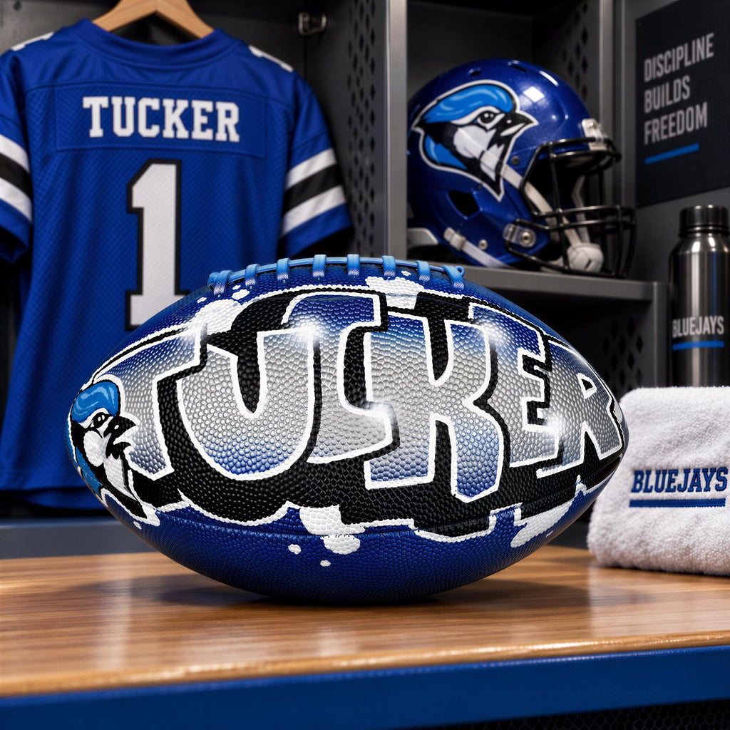 A blue football with the word "TUCKER" written on it, along with a blue and white football helmet and a blue towel with the word "BLUEJAYS" on it, all displayed on a wooden surface.