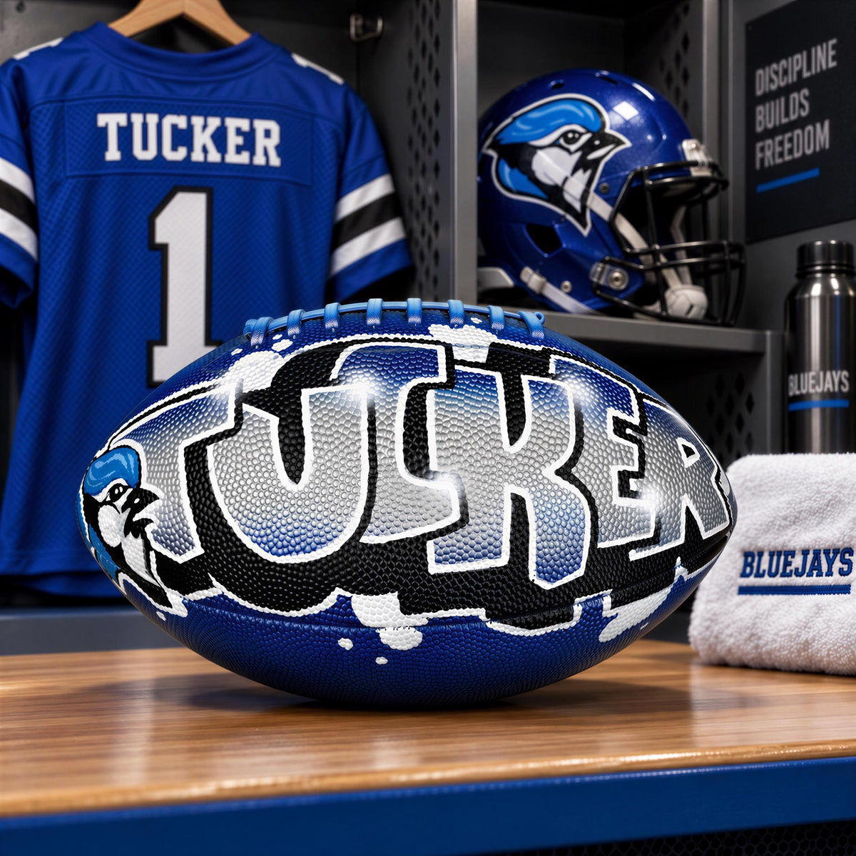 A blue football with the word "TUCKER" written on it, along with a blue and white football helmet and a blue towel with the word "BLUEJAYS" on it, all displayed on a wooden surface.