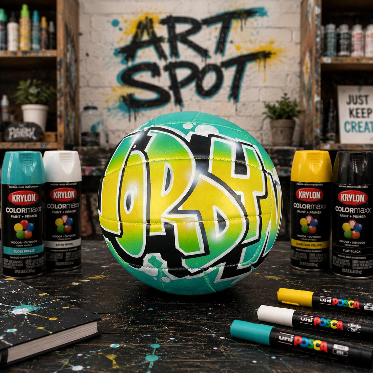 a custom volleyball personalized with the word "JORDYN" painted on it, surrounded by various spray paint cans and markers on a table.