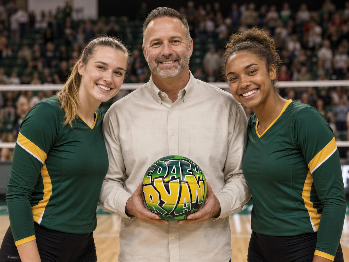 A man holding a volleyball with the name "RYAN" on it, flanked by two smiling women wearing green and yellow sports uniforms.