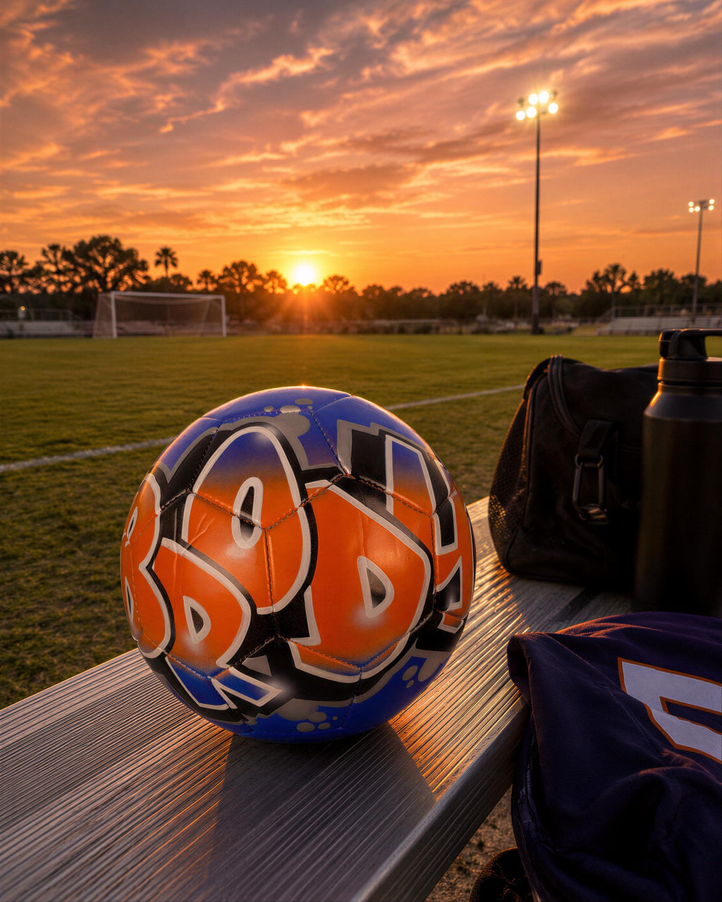 A soccer ball with the number "34" on it sits on a bench in a park, with a sports bag and a water bottle nearby, against the backdrop of a colorful sunset sky.