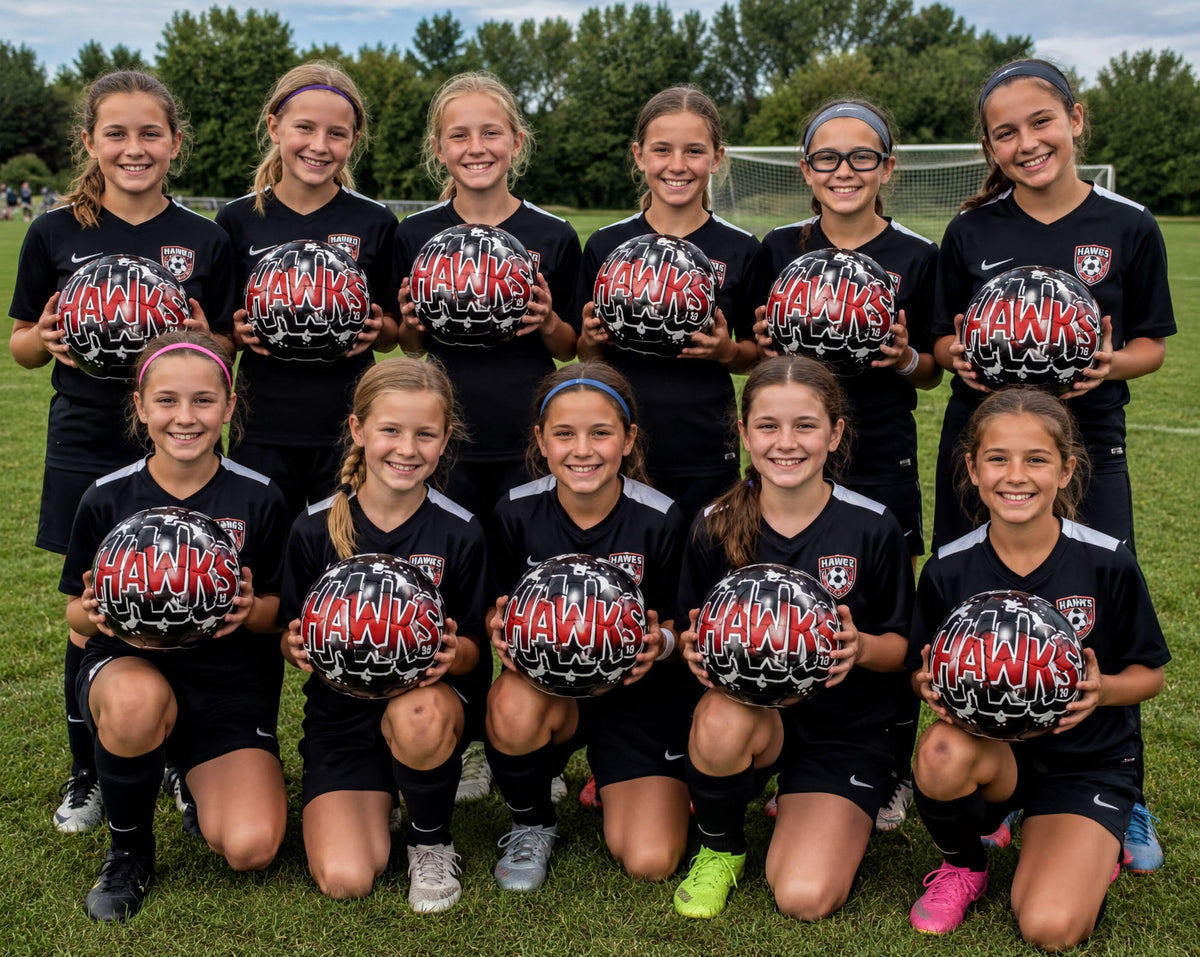 A group of young female soccer players posing together, holding soccer balls and smiling.