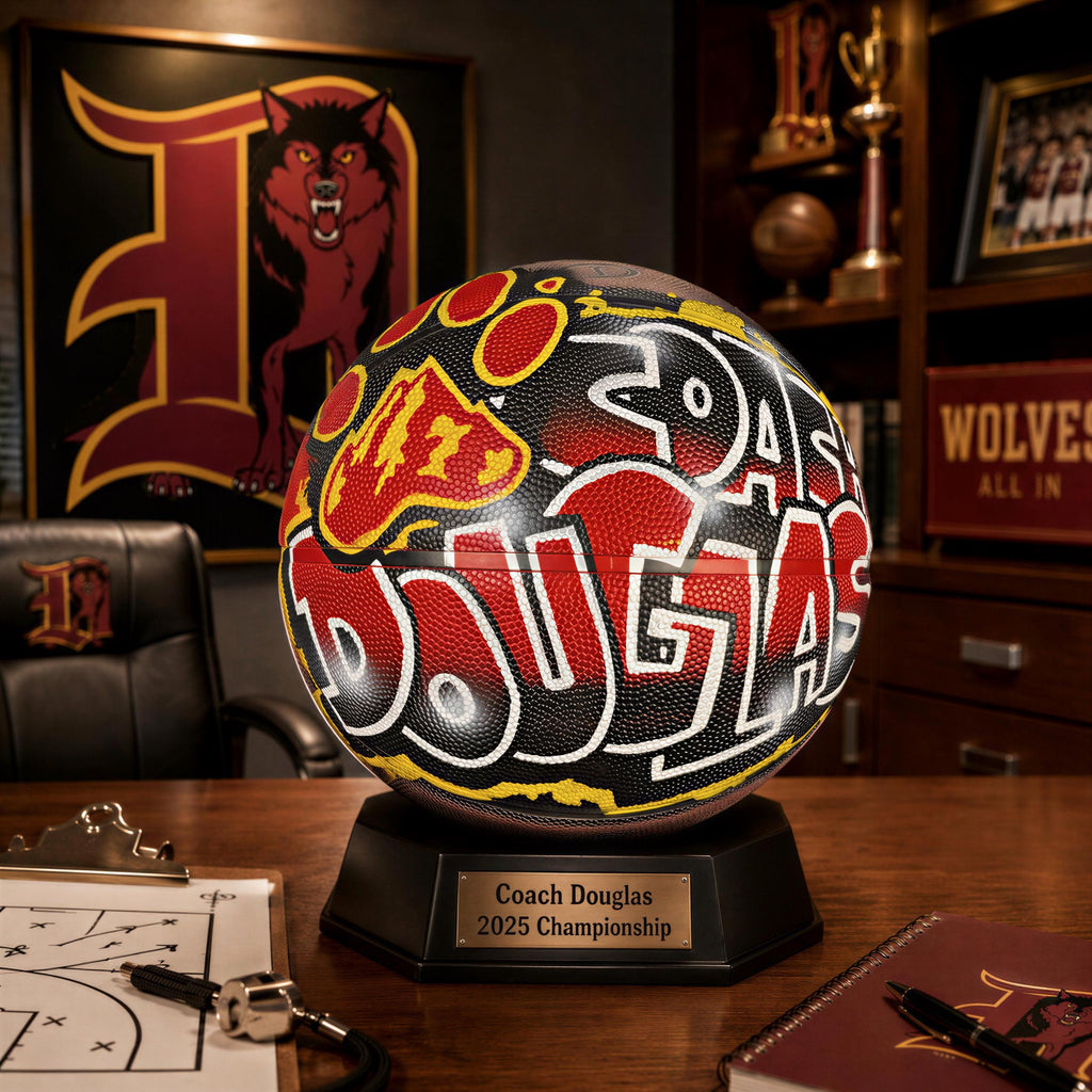 A basketball with the name "DOUGLAS" written on it, placed on a trophy base, with a trophy and framed pictures visible in the background.