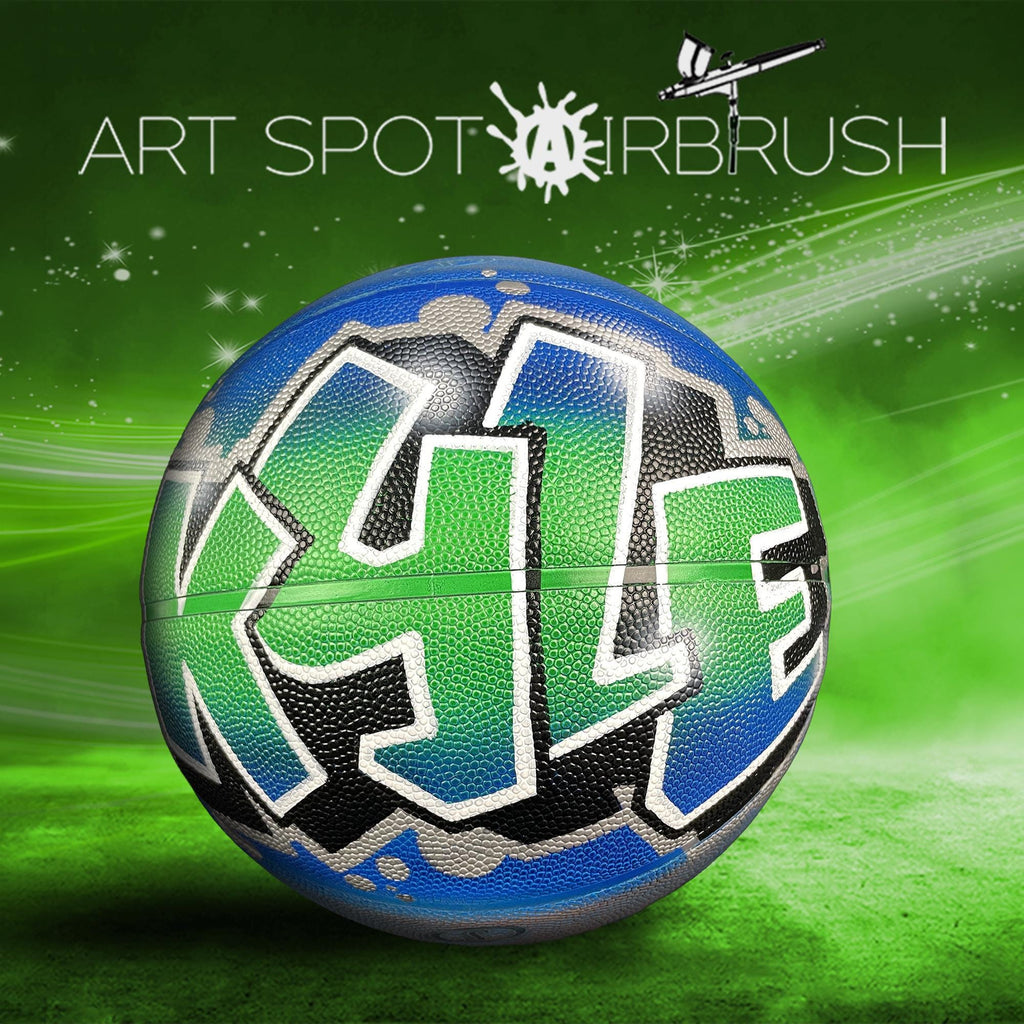 a basketball with a colorful, graffiti-style design on it, set against a green background with a white and black logo.