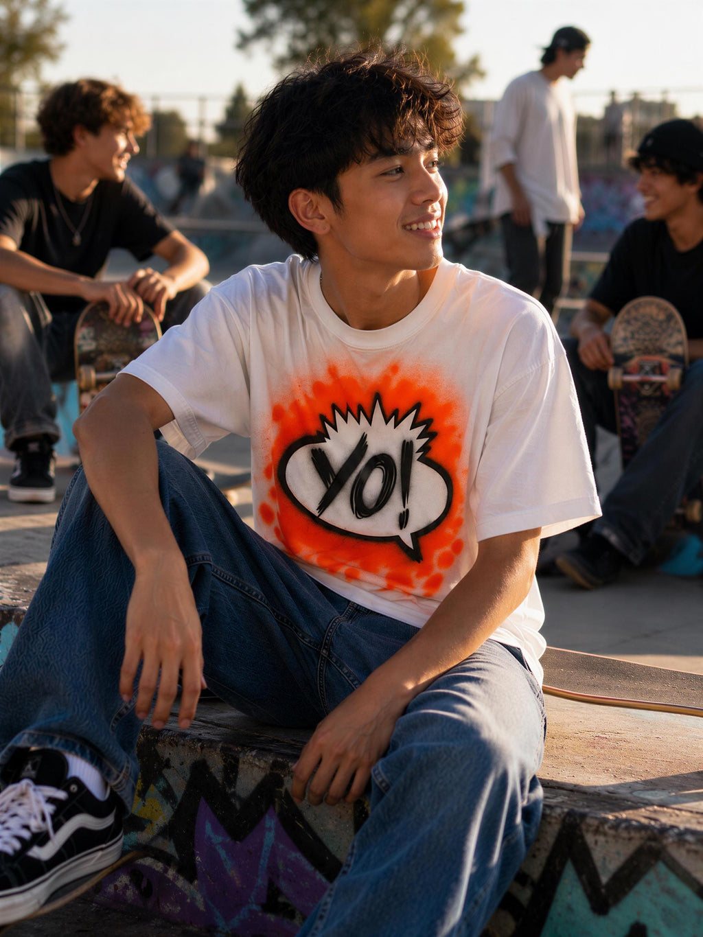 A young man sitting on a graffiti-covered bench, wearing a white t-shirt with an orange and black graphic, and holding a skateboard.