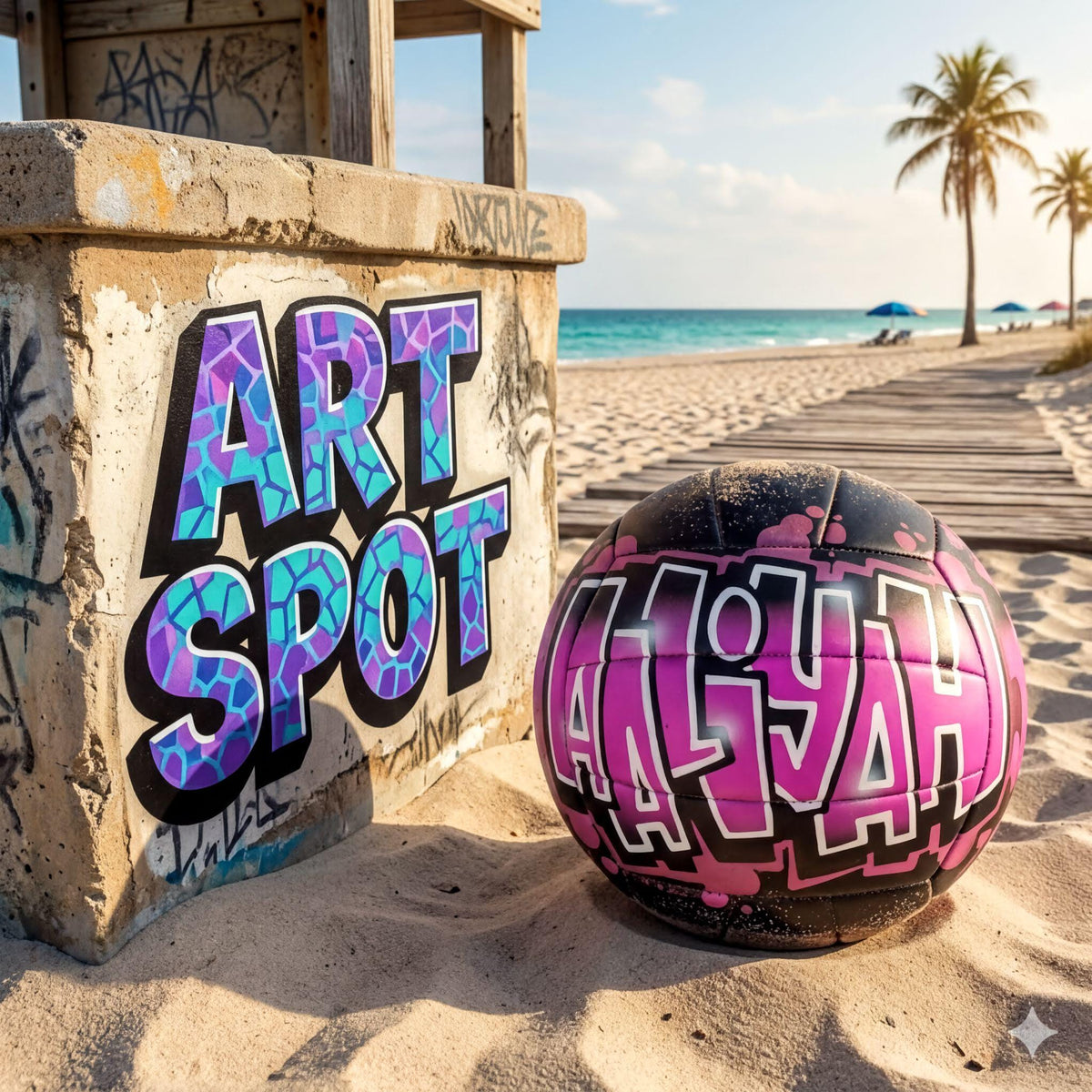 a beach scene with a custom volleyball personalized with a name and a graffiti-covered wall in the foreground.