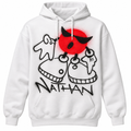 A white hoodie with a graphic design featuring a red circle with a stylized face and the name "Nathan" written below it.