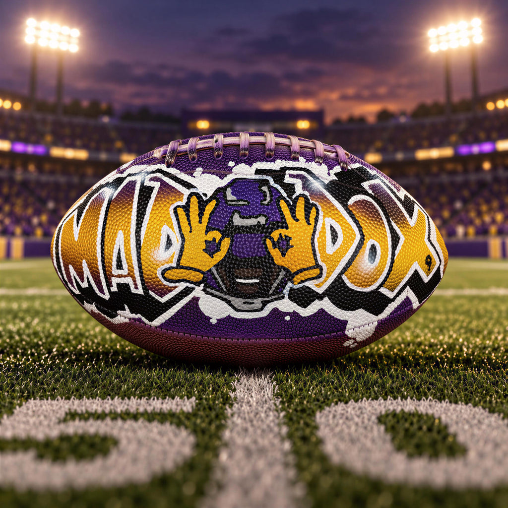 A football with the word "MADBOX" written on it, placed on a football field with stadium lights in the background.