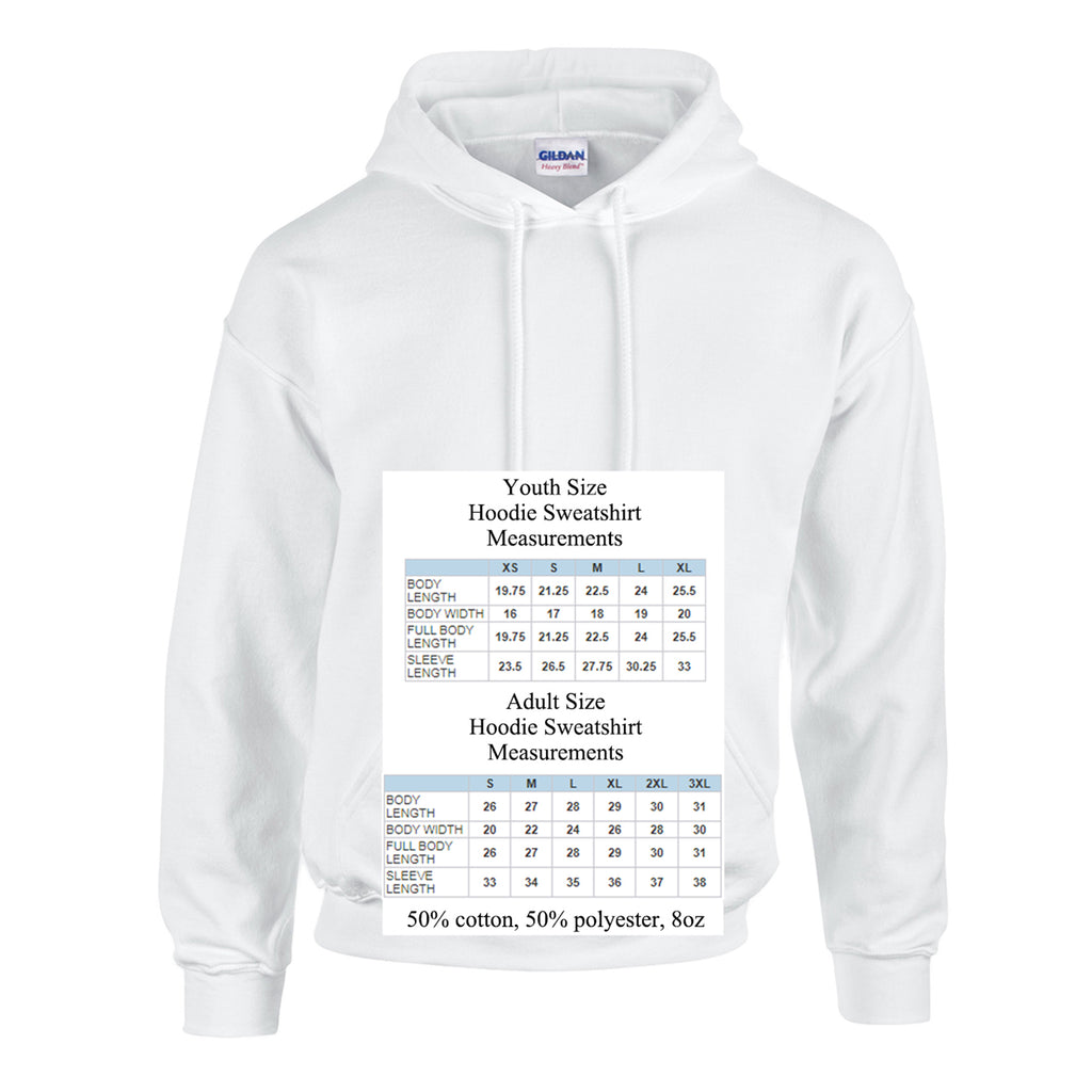 A white hoodie with measurements and sizes printed on it.