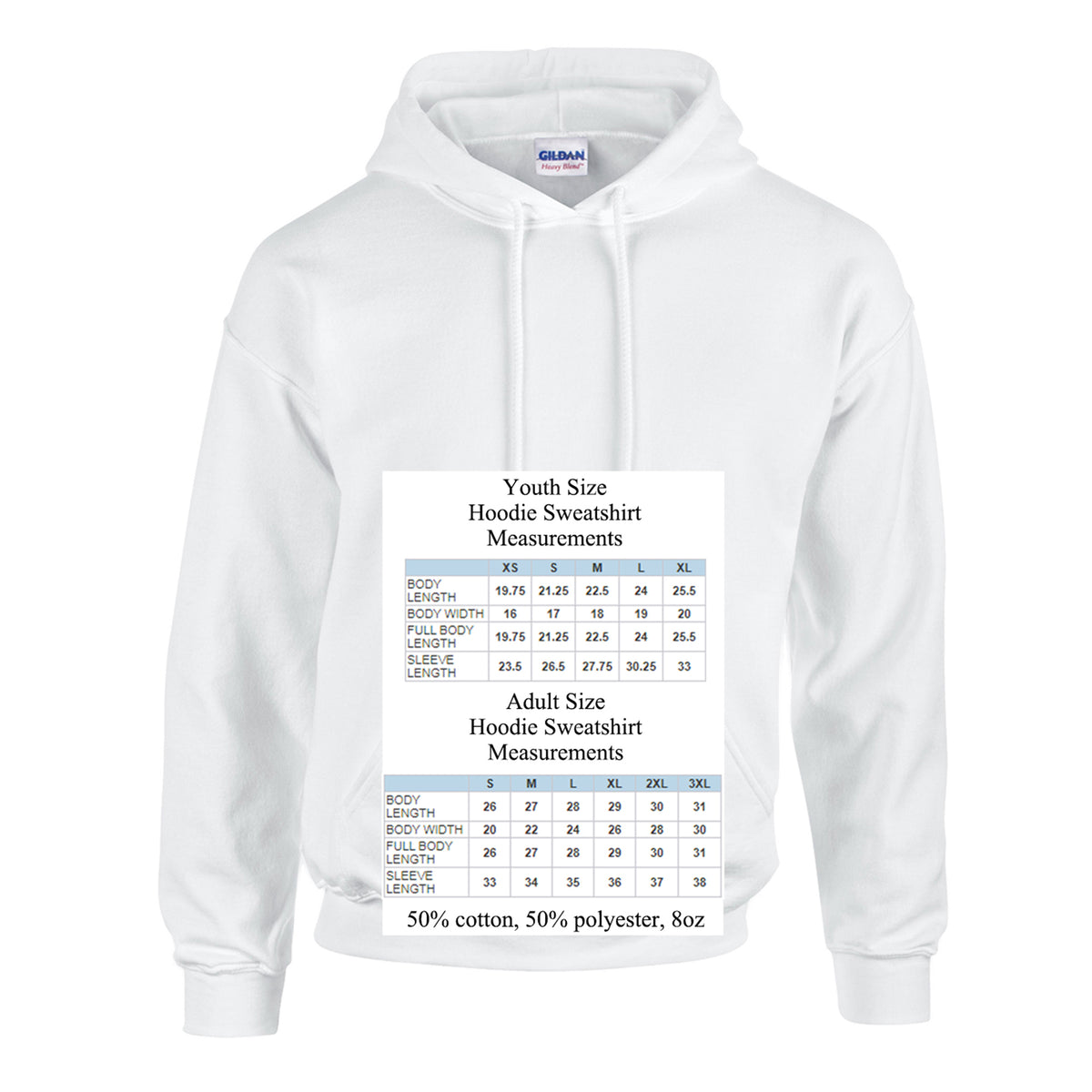 A white hoodie with measurements and sizes printed on it.