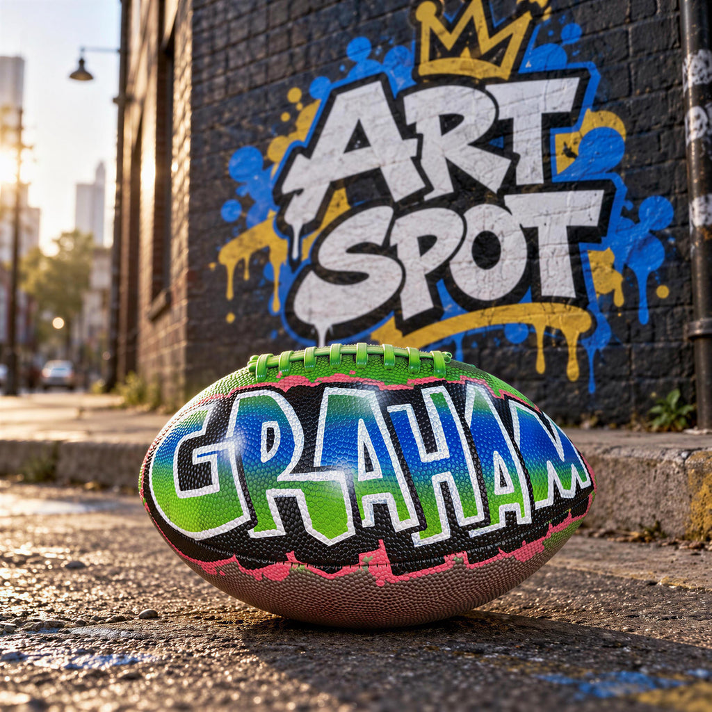 A football with the name "GRAHAM" painted on it, sitting on a sidewalk in front of a graffiti-covered wall.