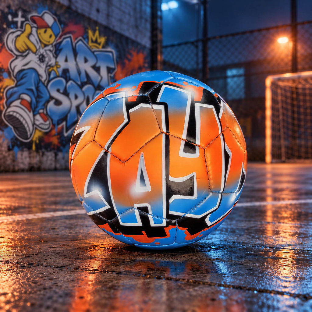 A soccer ball with the word "ZY" painted on it, sitting on a wet surface with graffiti in the background.