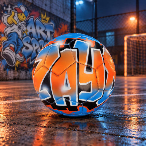A soccer ball with the word "ZY" painted on it, sitting on a wet surface with graffiti in the background.
