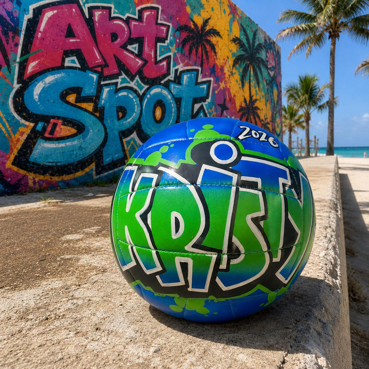 A colorful volleyball with the name "KRISH" painted on it, sitting on a concrete surface near a vibrant graffiti wall.